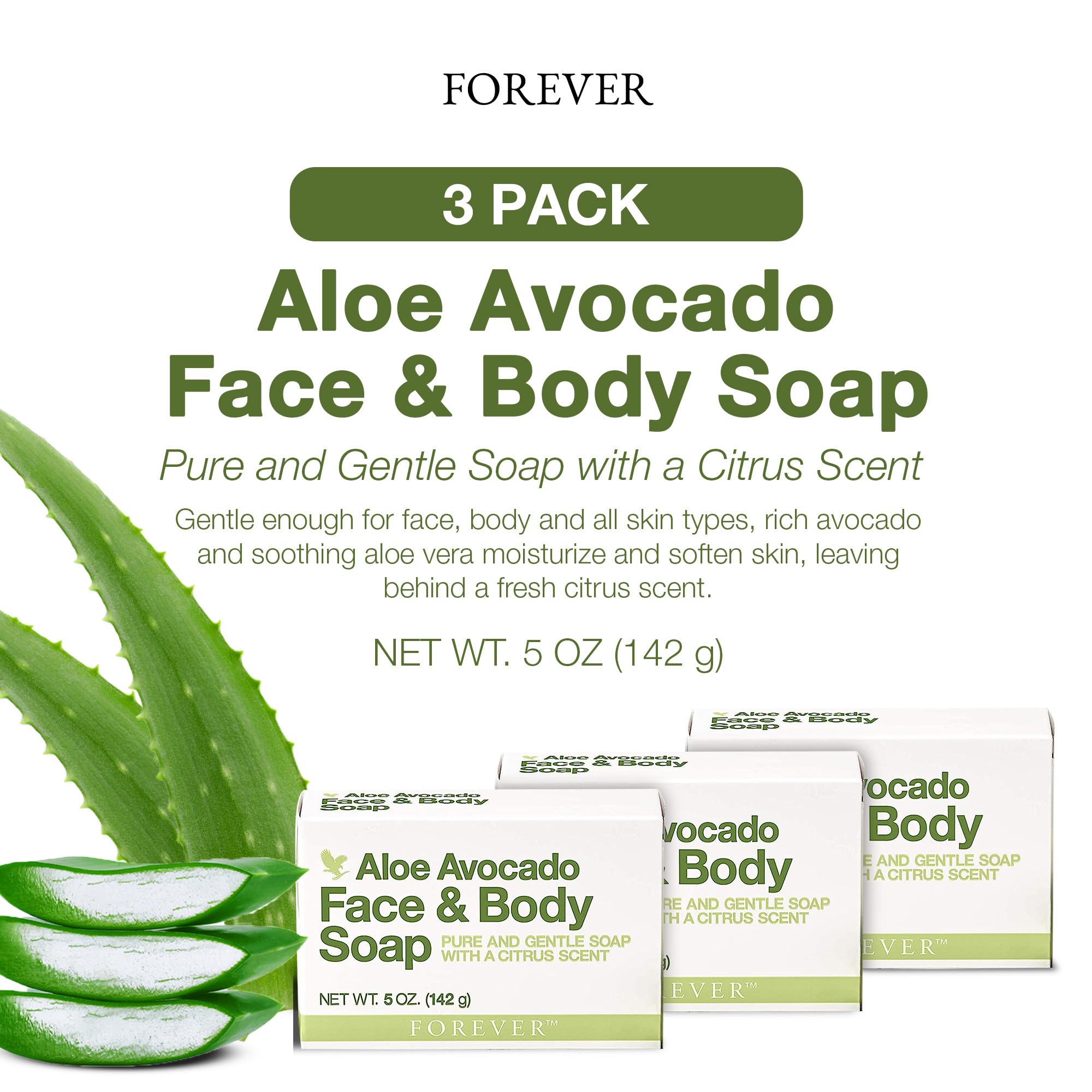 Forever Living Aloe Avocado Face & Body Soap – Gentle Cleansing with Fresh Citrus, Pack of 3