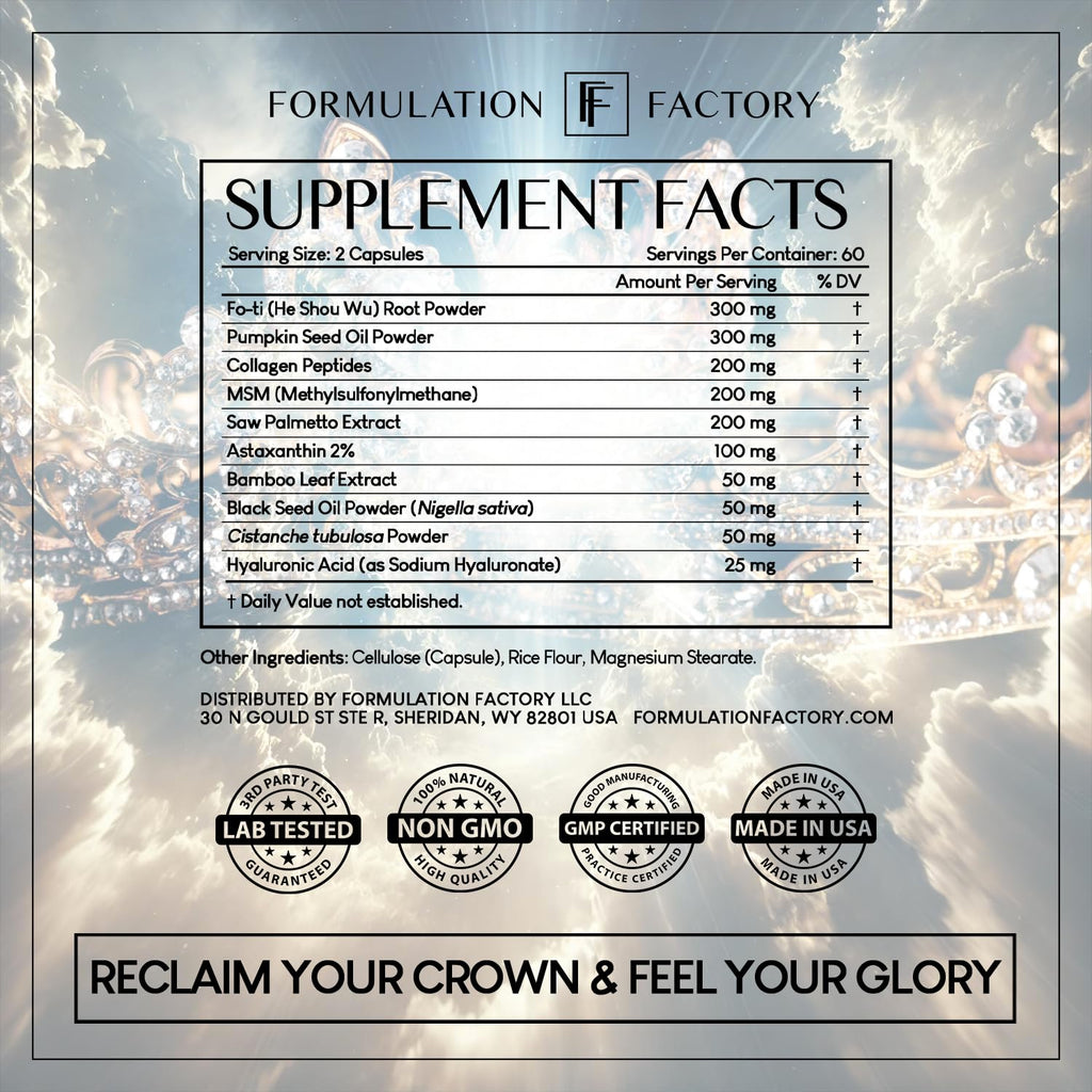 Formulation Factory Crown of Glory 10-in-1 Hair Growth Maximizer – DHT Blocker with Saw Palmetto, Fo-Ti, Collagen (4 Month Supply)