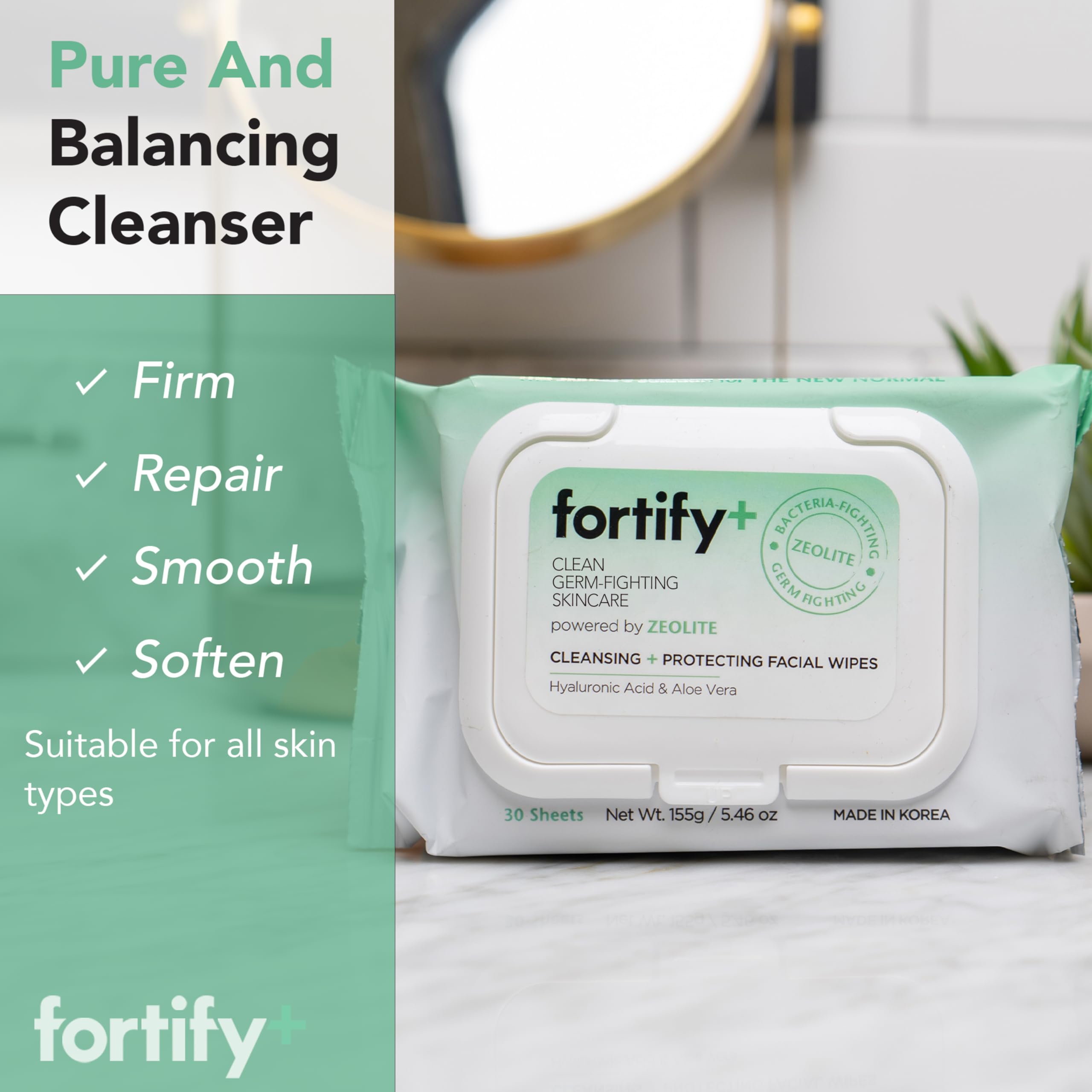 Fortify Skincare Face Cleansing Wipes with Hyaluronic Acid, Aloe Vera & Zeolite (30 Count)