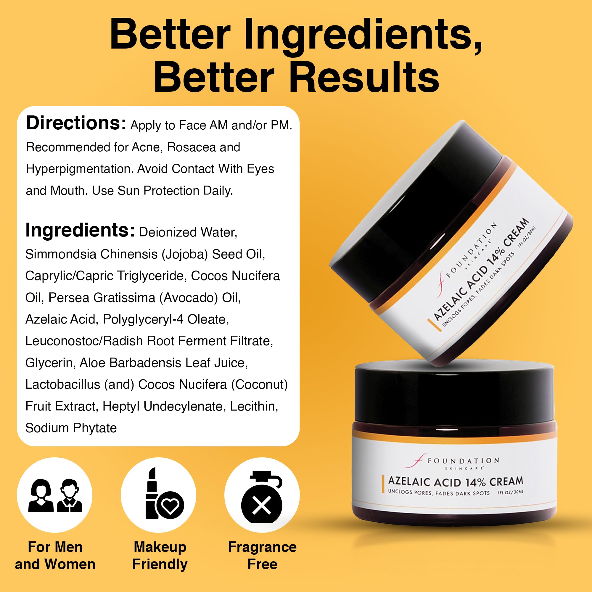 Foundation Skincare Azelaic Acid 14% for Face – Dermatologist Formula for Uneven Skin Tone (1 oz)