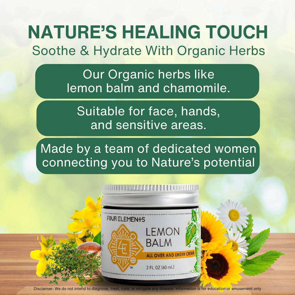 Four Elements 4E Lemon Balm Face Moisturizer Cream – 2 oz | Organic Lemon Balm, Chamomile, Shea Butter & Vitamin E
