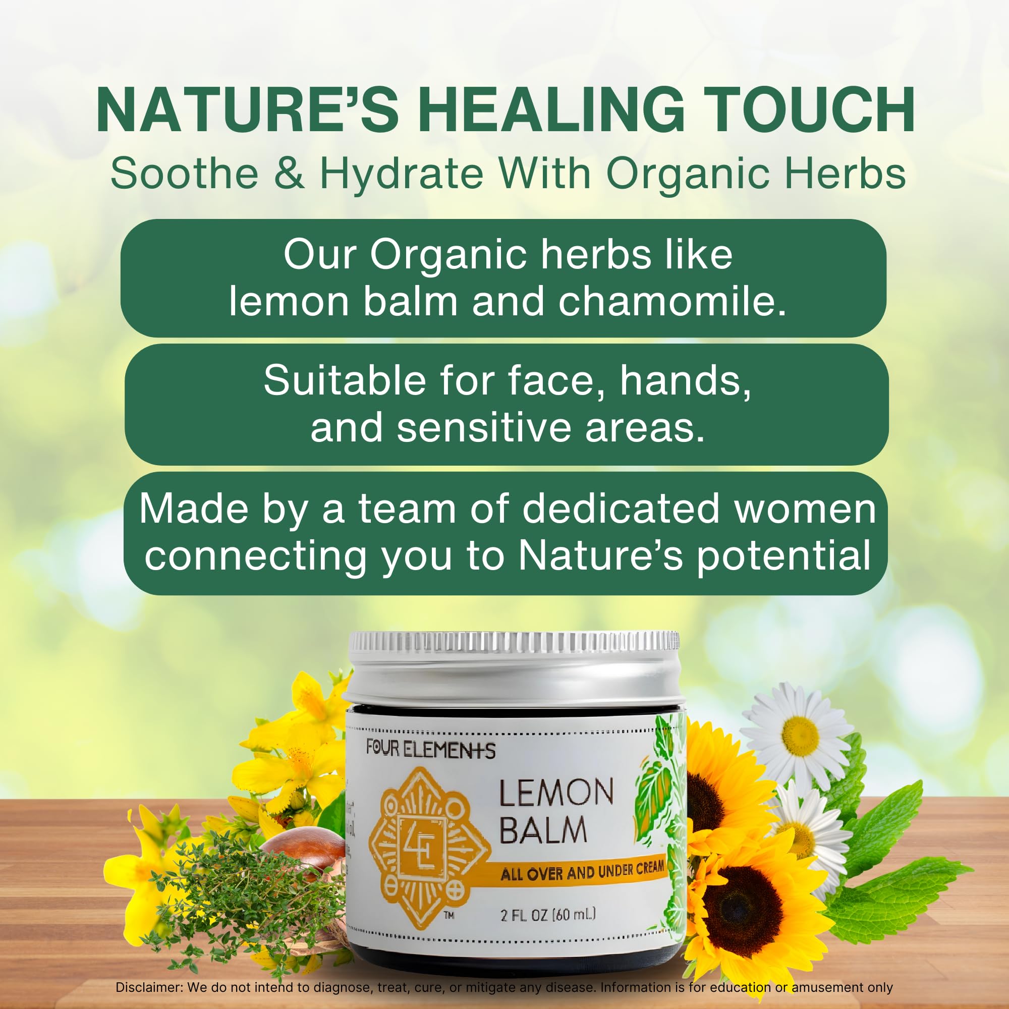 Four Elements 4E Lemon Balm Face Moisturizer Cream – 2 oz | Organic Lemon Balm, Chamomile, Shea Butter & Vitamin E