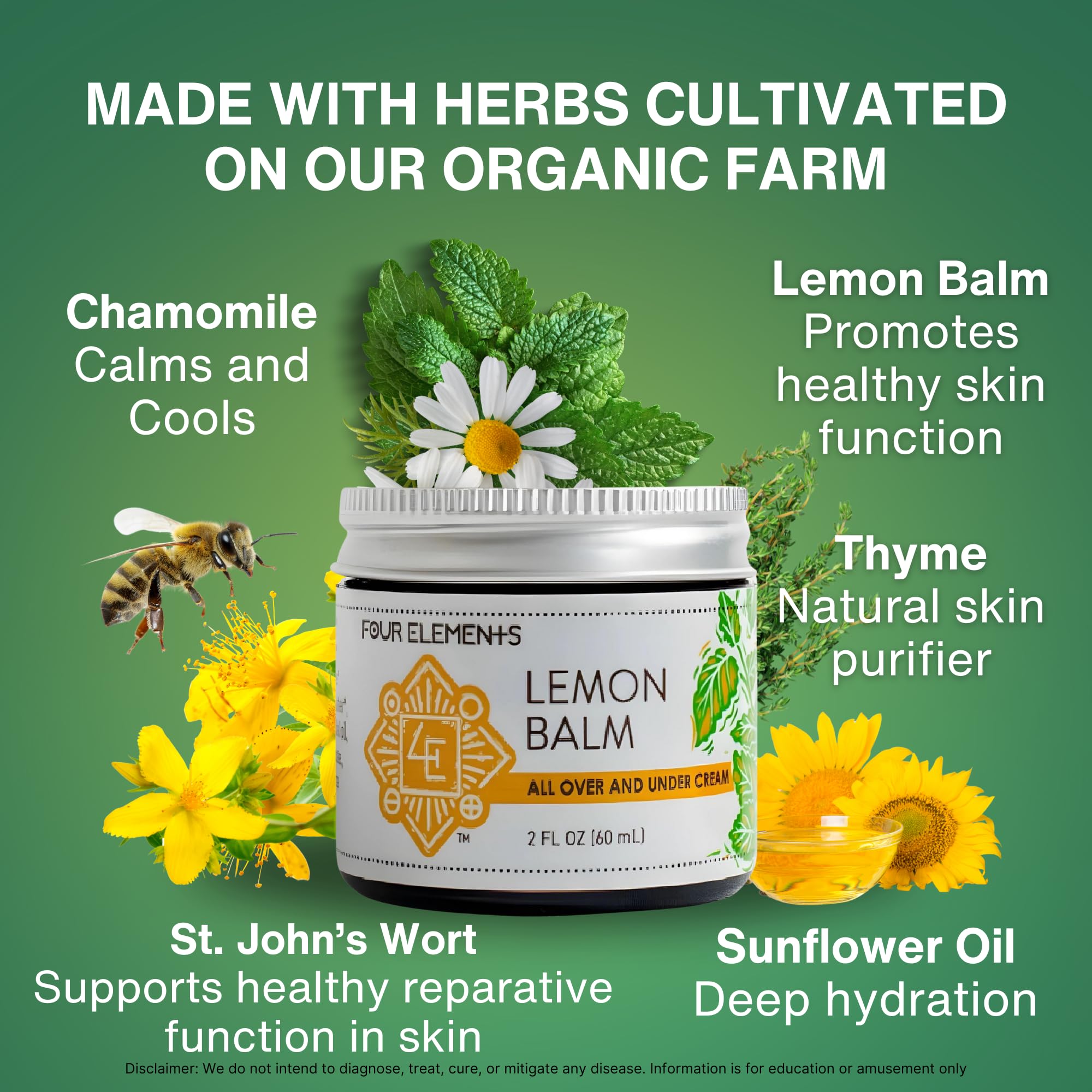 Four Elements 4E Lemon Balm Face Moisturizer Cream – 2 oz | Organic Lemon Balm, Chamomile, Shea Butter & Vitamin E