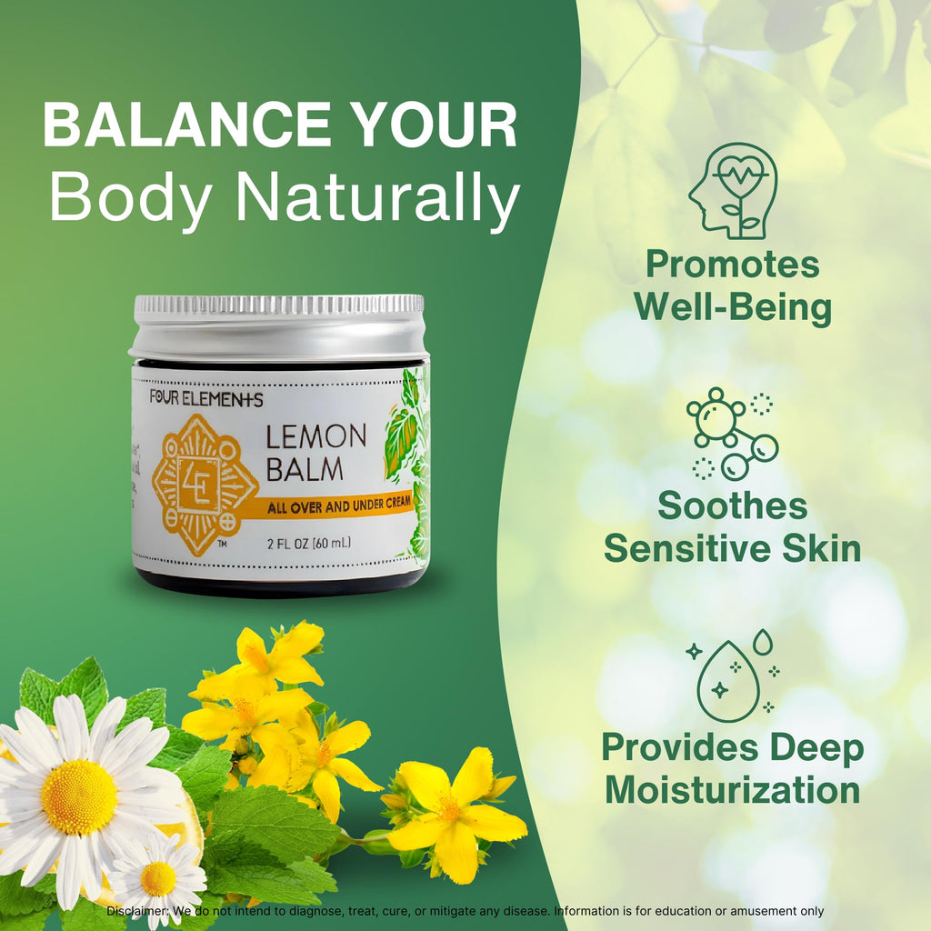 Four Elements 4E Lemon Balm Face Moisturizer Cream – 2 oz | Organic Lemon Balm, Chamomile, Shea Butter & Vitamin E
