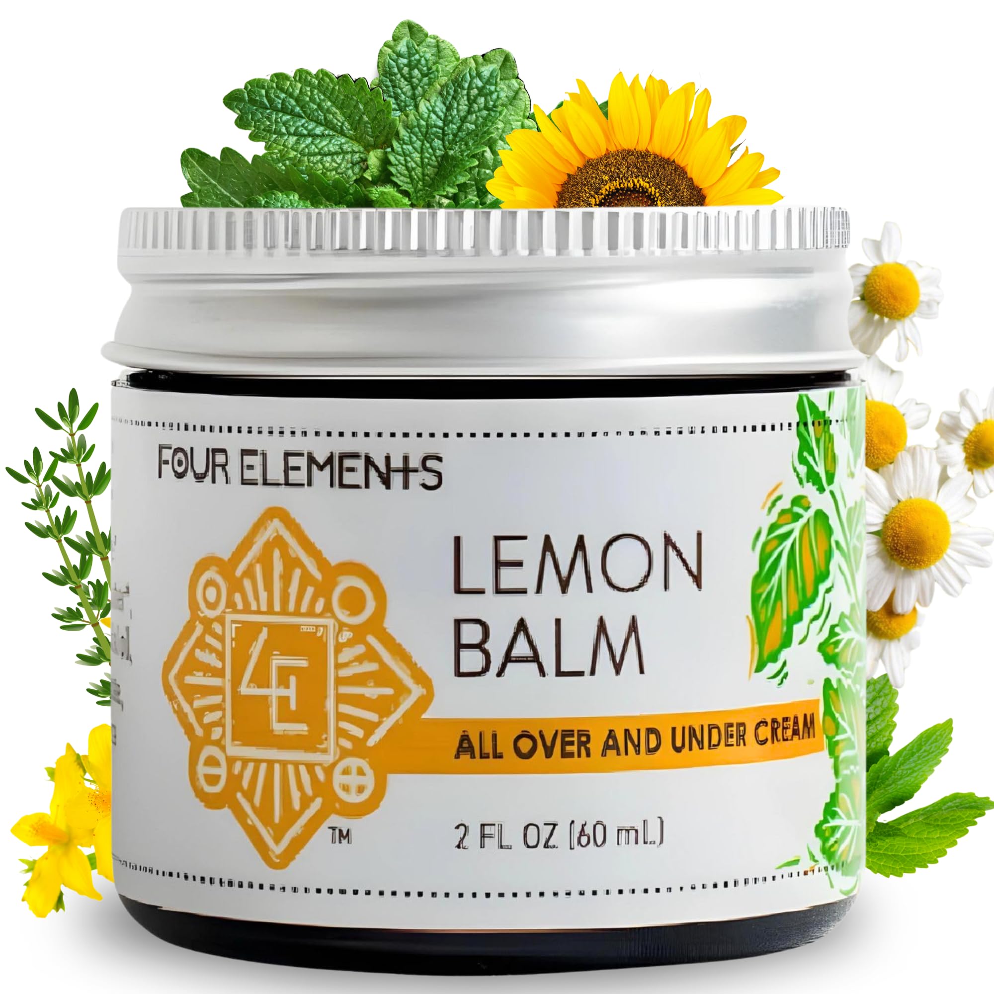 Four Elements 4E Lemon Balm Face Moisturizer Cream – 2 oz | Organic Lemon Balm, Chamomile, Shea Butter & Vitamin E