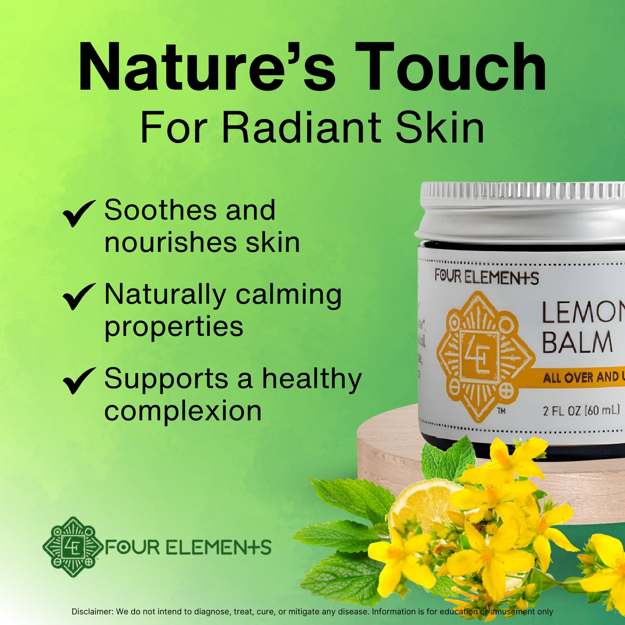 Four Elements 4E Lemon Balm Face Moisturizer Cream – 2 oz | Organic Lemon Balm, Chamomile, Shea Butter & Vitamin E