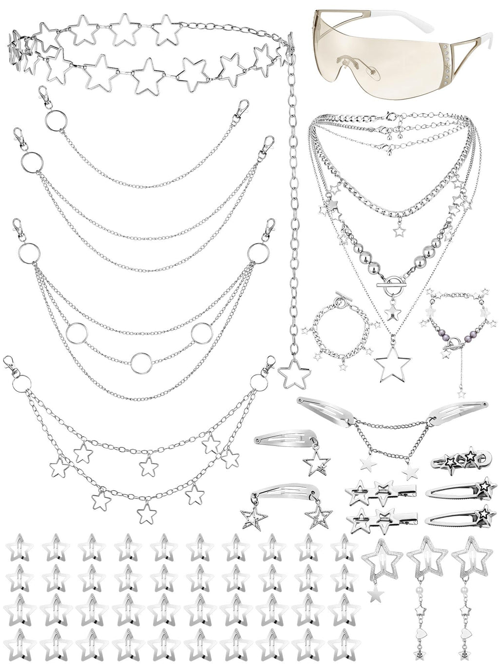 Fourluoo 60 Pcs Y2K Accessories Set — Gradient Silver & Silver | Chokers, Bracelets, Sunglasses, Hair Clips