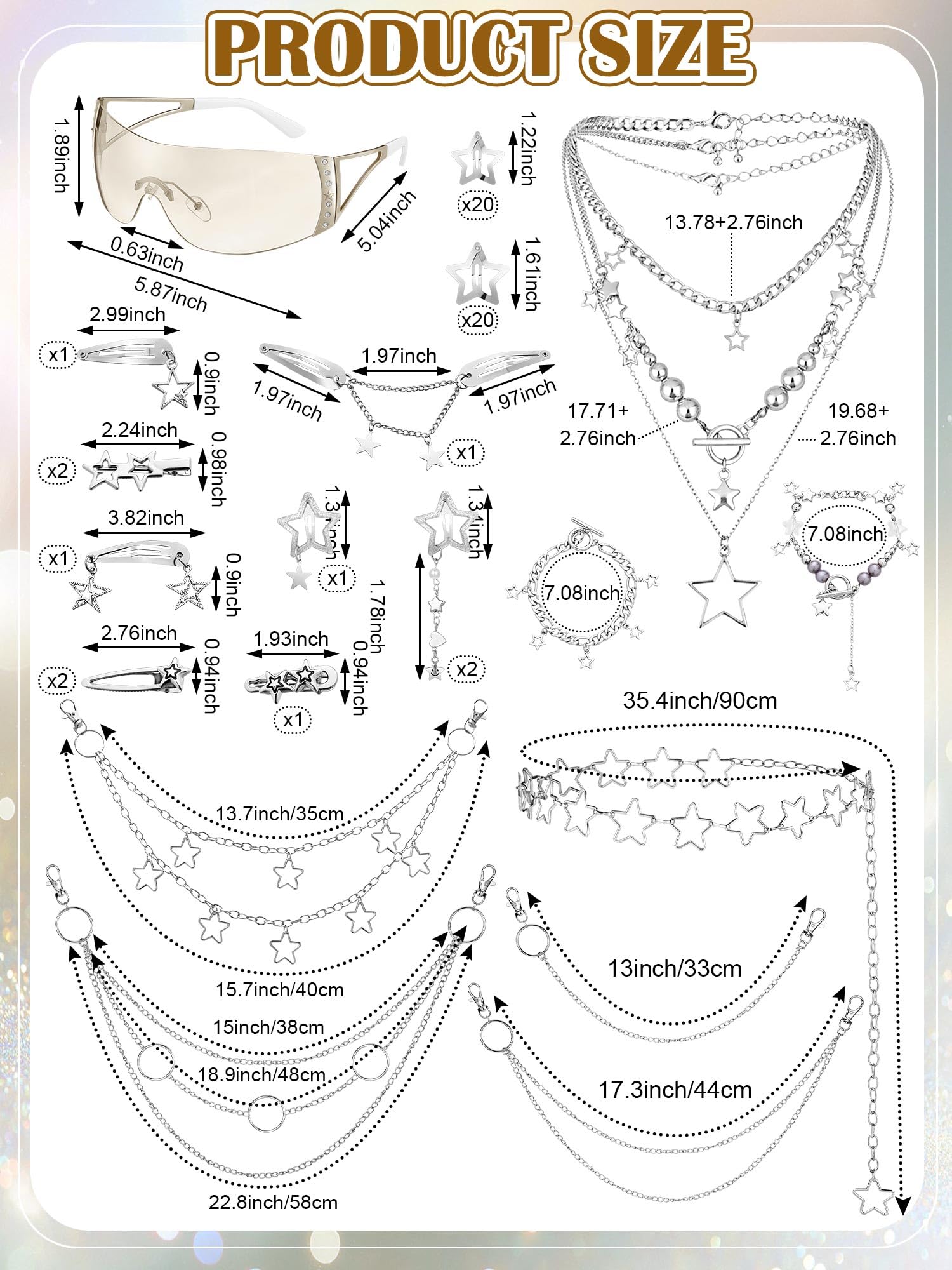 Fourluoo 60 Pcs Y2K Accessories Set — Gradient Silver & Silver | Chokers, Bracelets, Sunglasses, Hair Clips