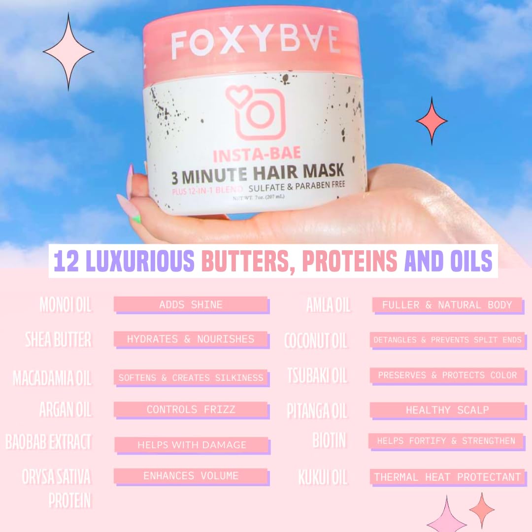 FoxyBae 3-Minute Hair Mask with Biotin | Deep Conditioning for Dry, Damaged Hair | Insta-Bae 7 oz