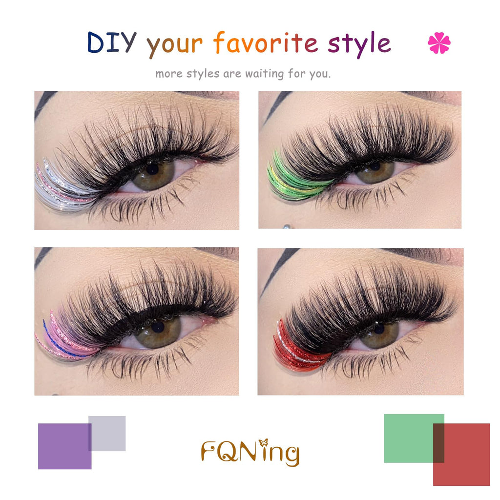 FQNing Glitter Lash Cluster Laser Colored Extensions – 3 Colors B | Professional Lash Supplies