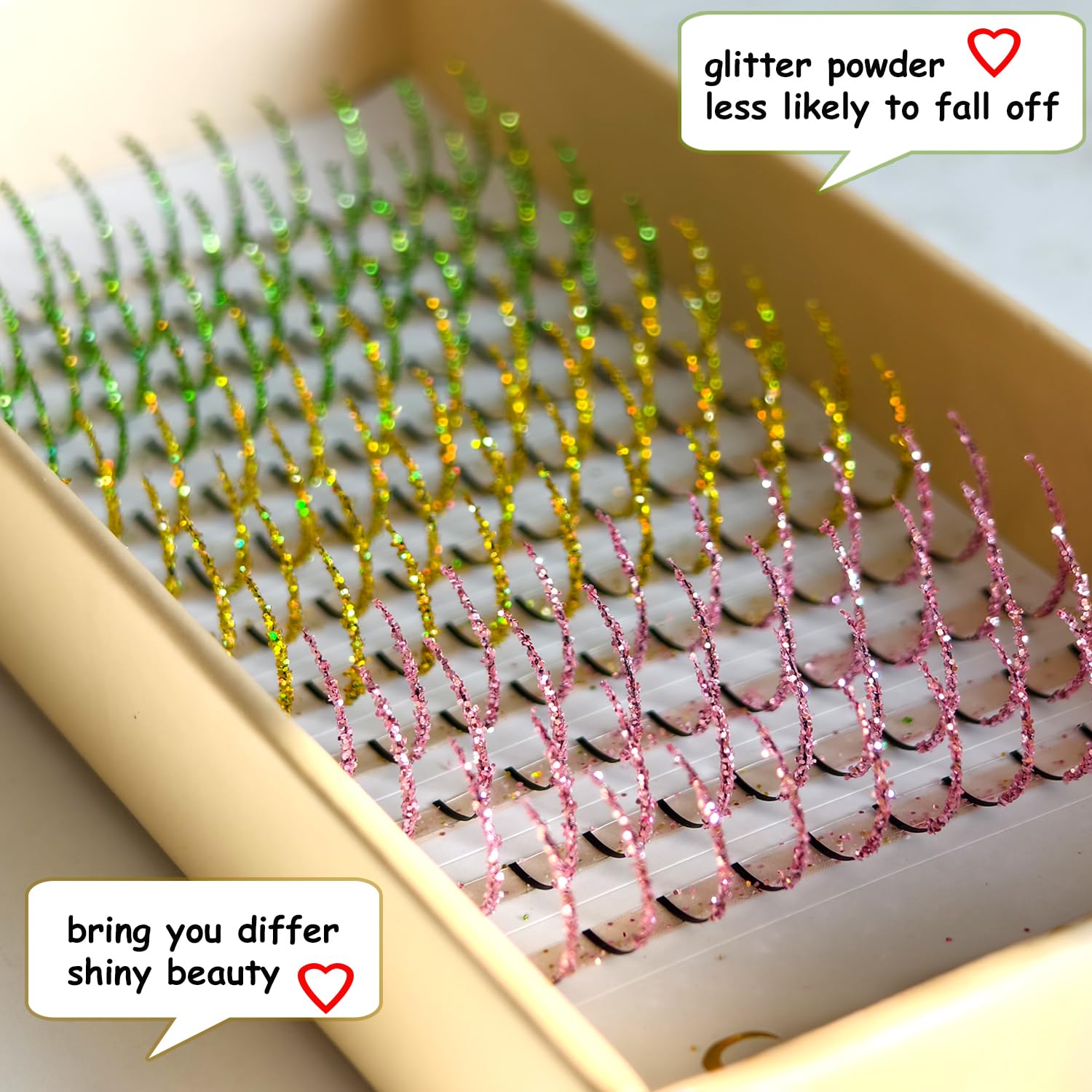FQNing Glitter Lash Cluster Laser Colored Extensions – 3 Colors B | Professional Lash Supplies