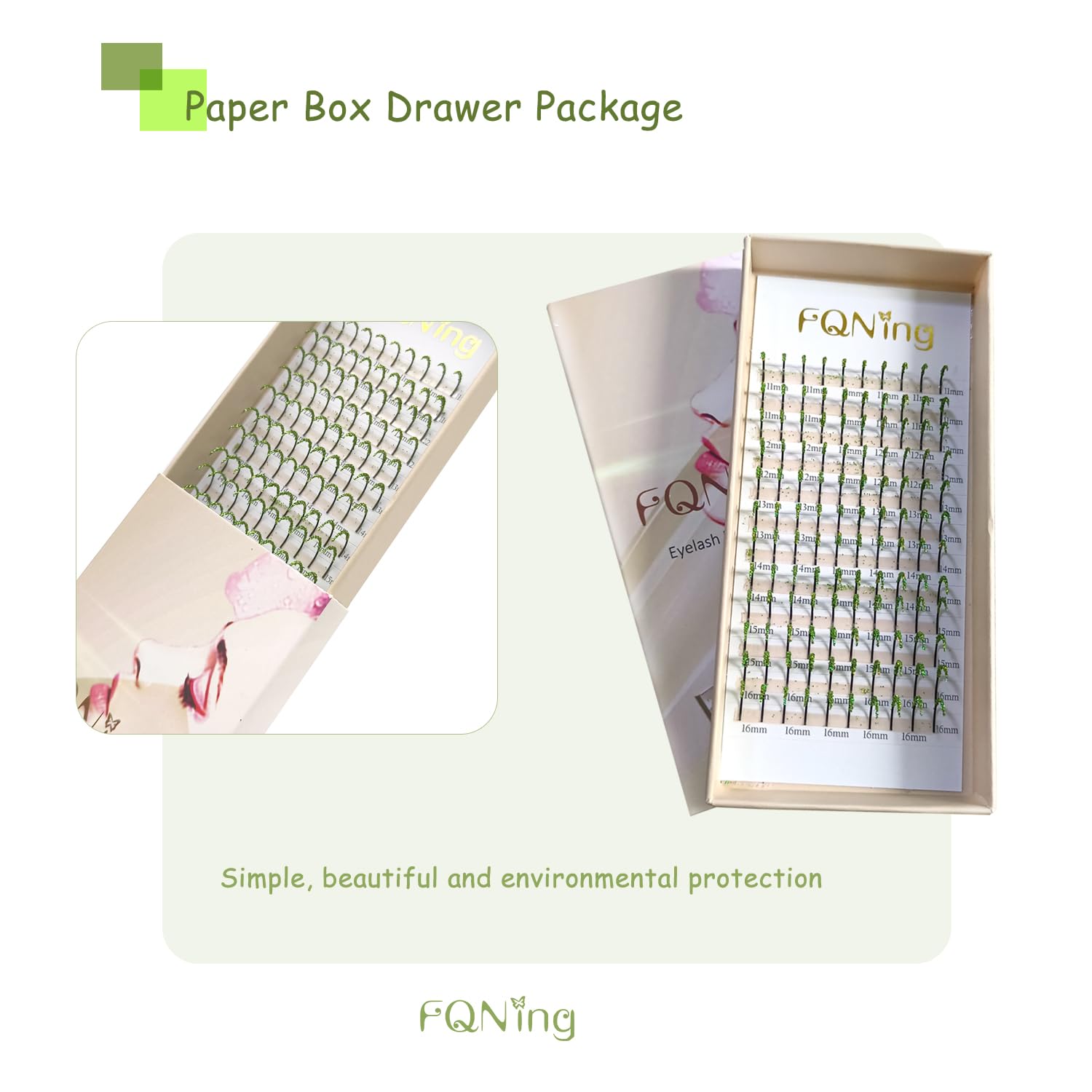 FQNing Glitter Eyelash Extensions - Light Green Sparkle, 11-16mm, 0.20D, D Curl