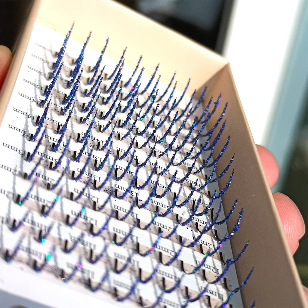 FQNing Glitter Lash Extensions – Dark Blue Spike Lashes 0.20D 11–16mm | Handmade Faux Mink, Sparkling Party Look