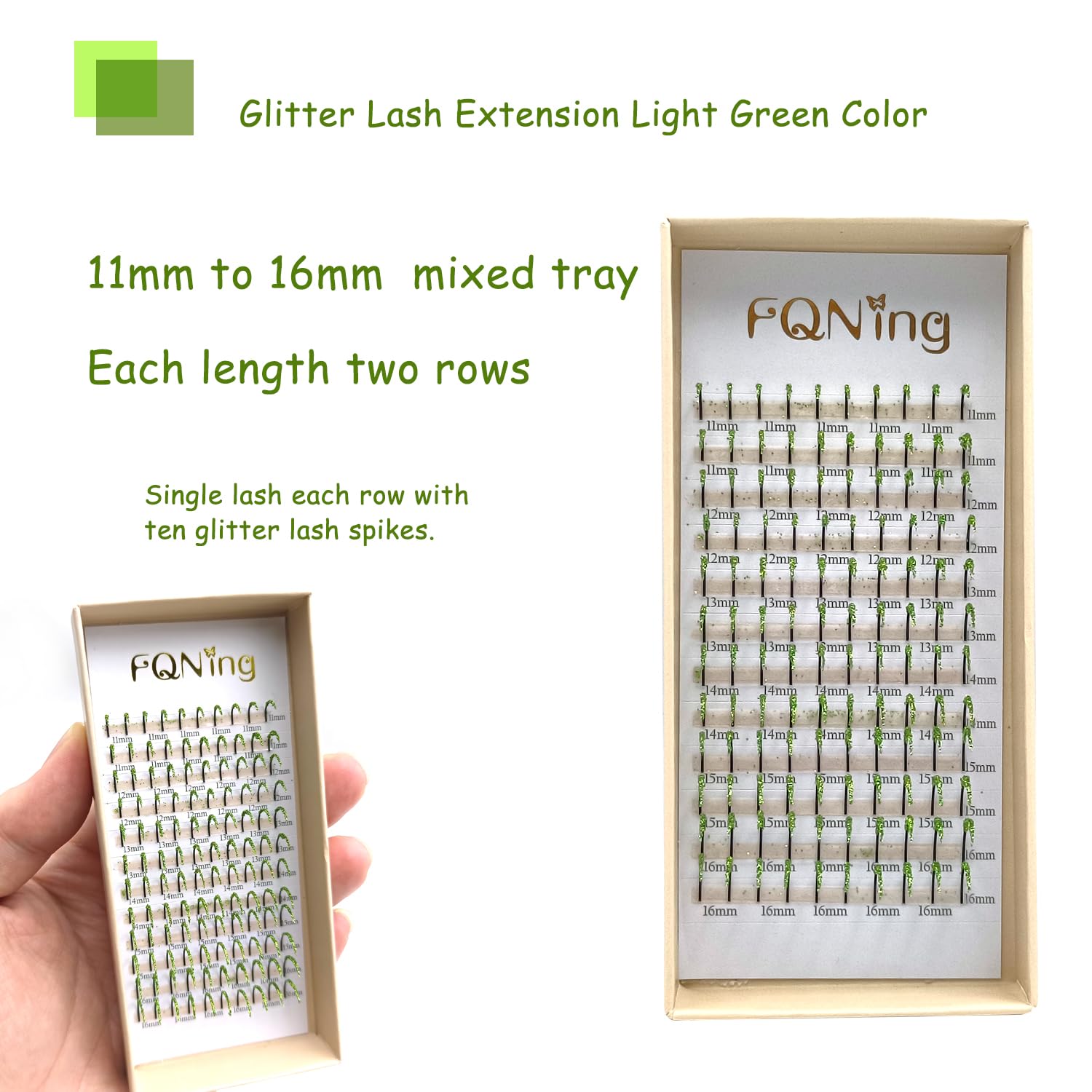 FQNing Glitter Eyelash Extensions - Light Green Sparkle, 11-16mm, 0.20D, D Curl