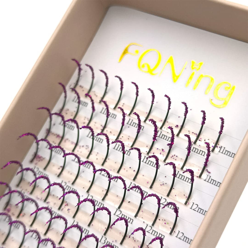 FQNing Glitter Eyelash Extensions Purple Spike – 11mm-16mm, D Curl, Professional Supplies