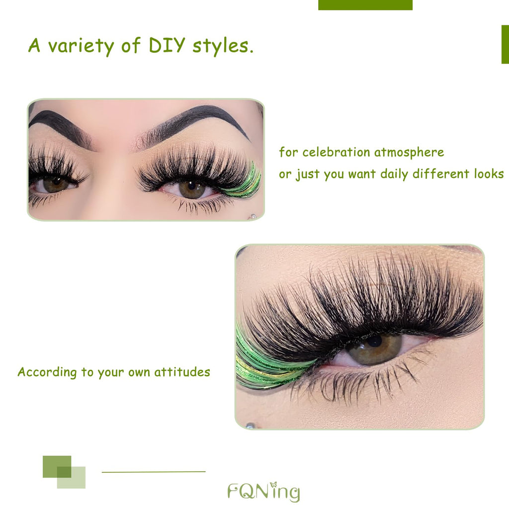 FQNing Glitter Eyelash Extensions - Light Green Sparkle, 11-16mm, 0.20D, D Curl