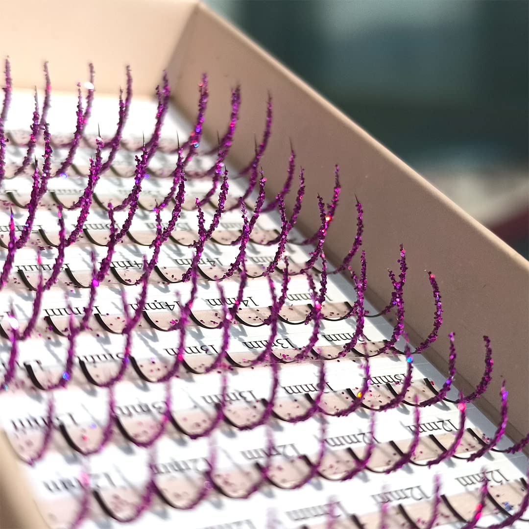 FQNing Glitter Eyelash Extensions Purple Spike – 11mm-16mm, D Curl, Professional Supplies