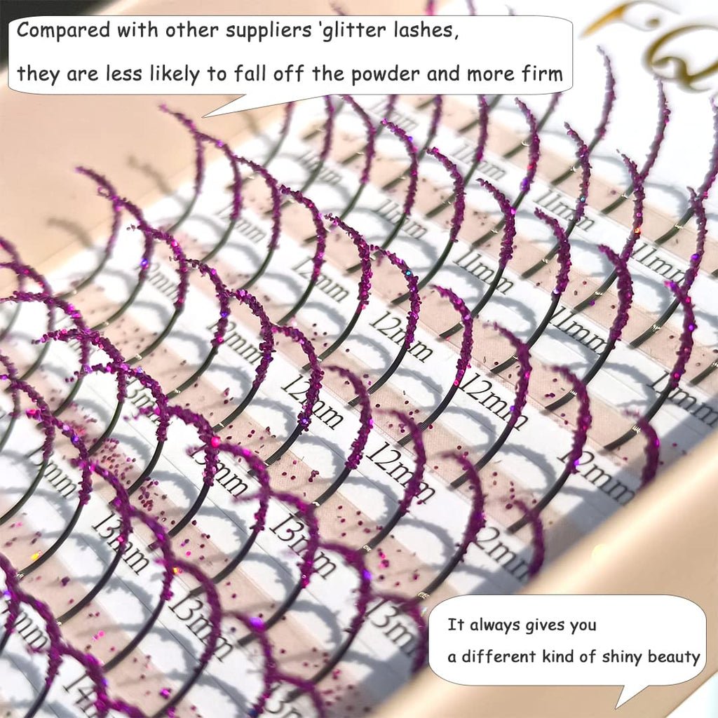 FQNing Glitter Eyelash Extensions Purple Spike – 11mm-16mm, D Curl, Professional Supplies