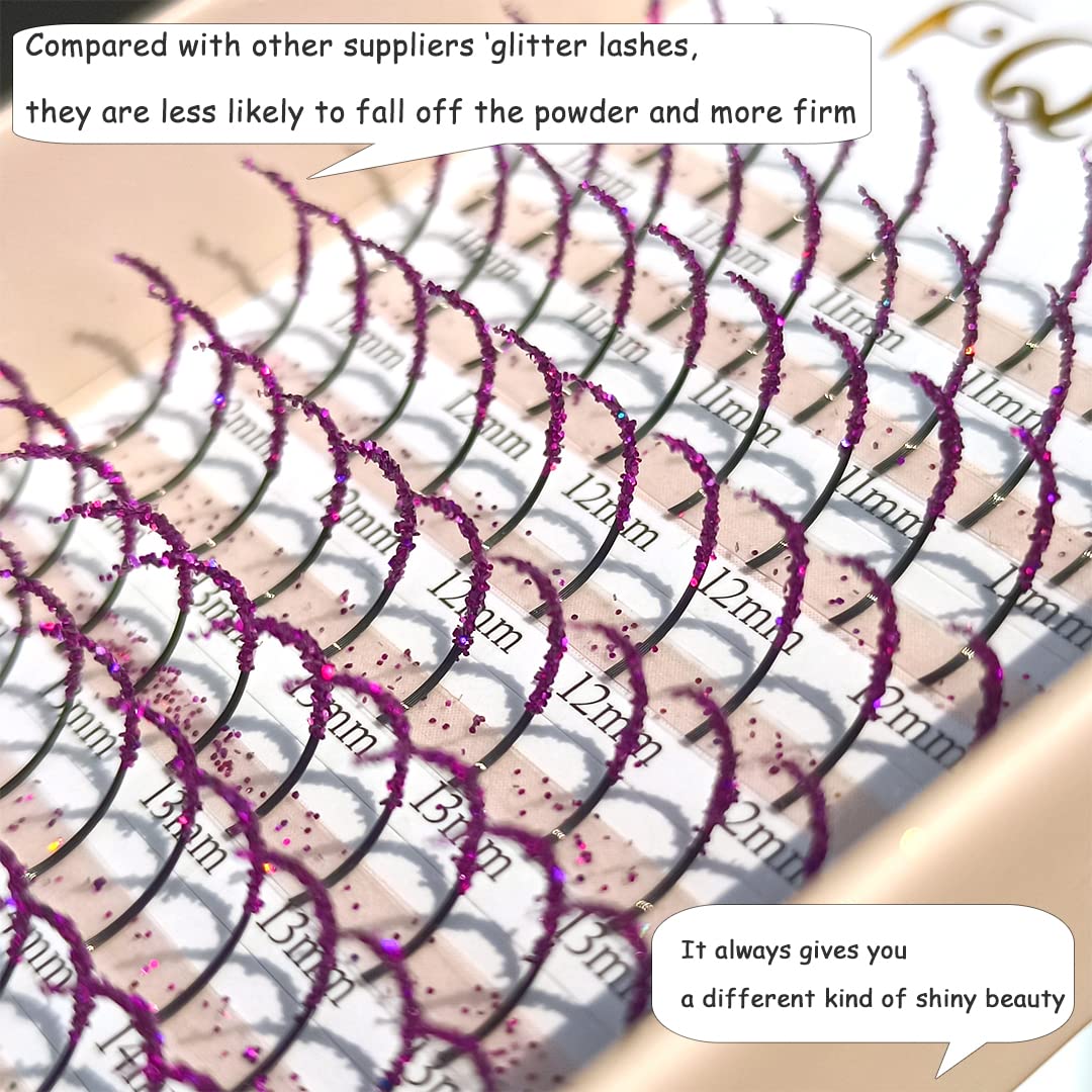 FQNing Glitter Eyelash Extensions Purple Spike – 11mm-16mm, D Curl, Professional Supplies