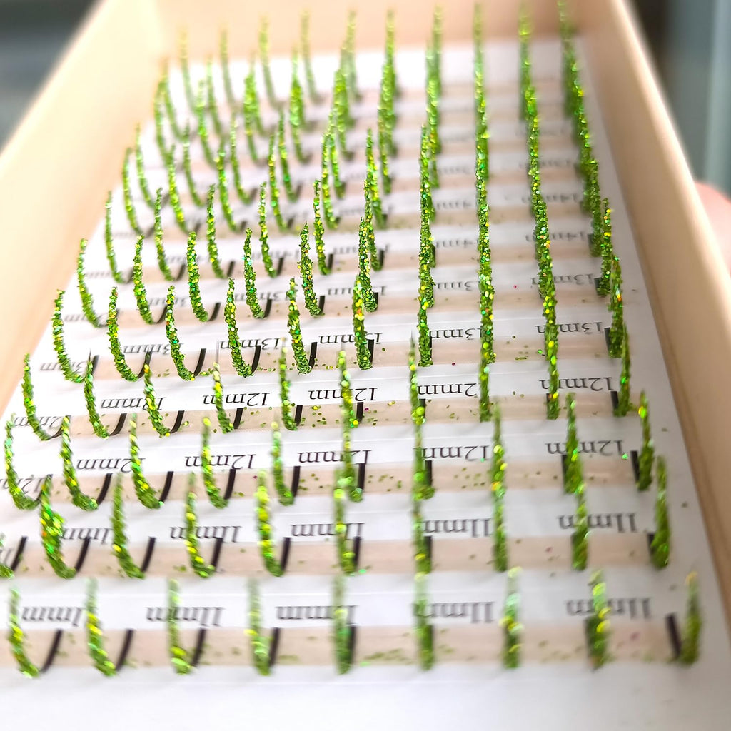 FQNing Glitter Eyelash Extensions - Light Green Sparkle, 11-16mm, 0.20D, D Curl