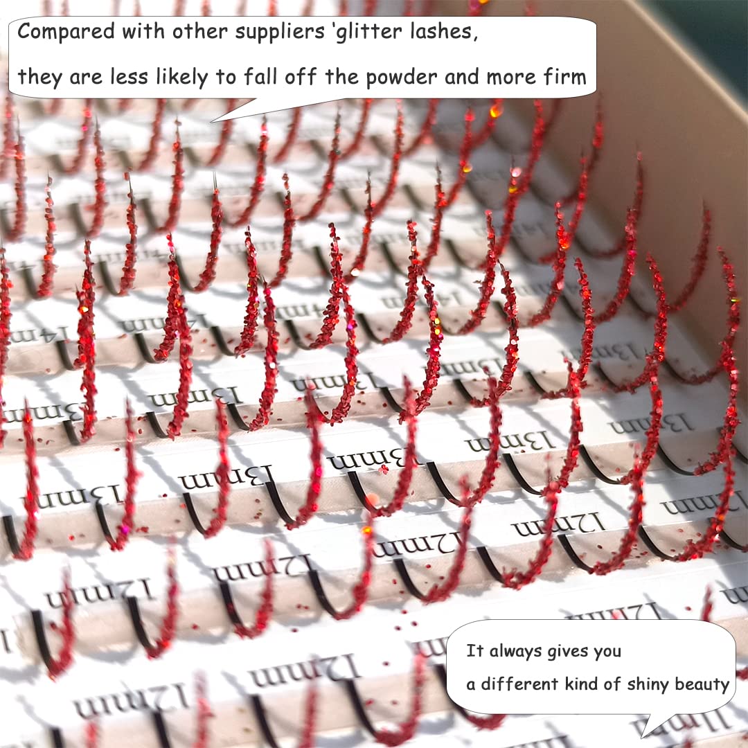 FQNing Glitter Lash Extensions Red – 11-16mm D Curl 0.20mm, 120pcs Box