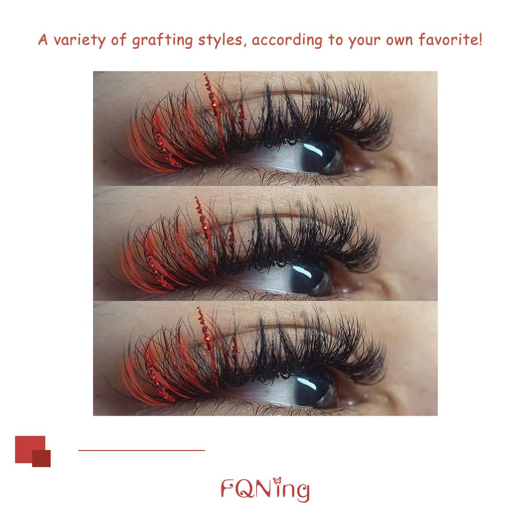 FQNing Glitter Lash Extensions Red – 11-16mm D Curl 0.20mm, 120pcs Box