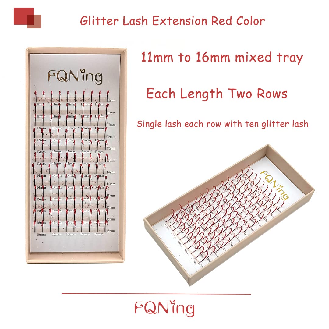 FQNing Glitter Lash Extensions Red – 11-16mm D Curl 0.20mm, 120pcs Box