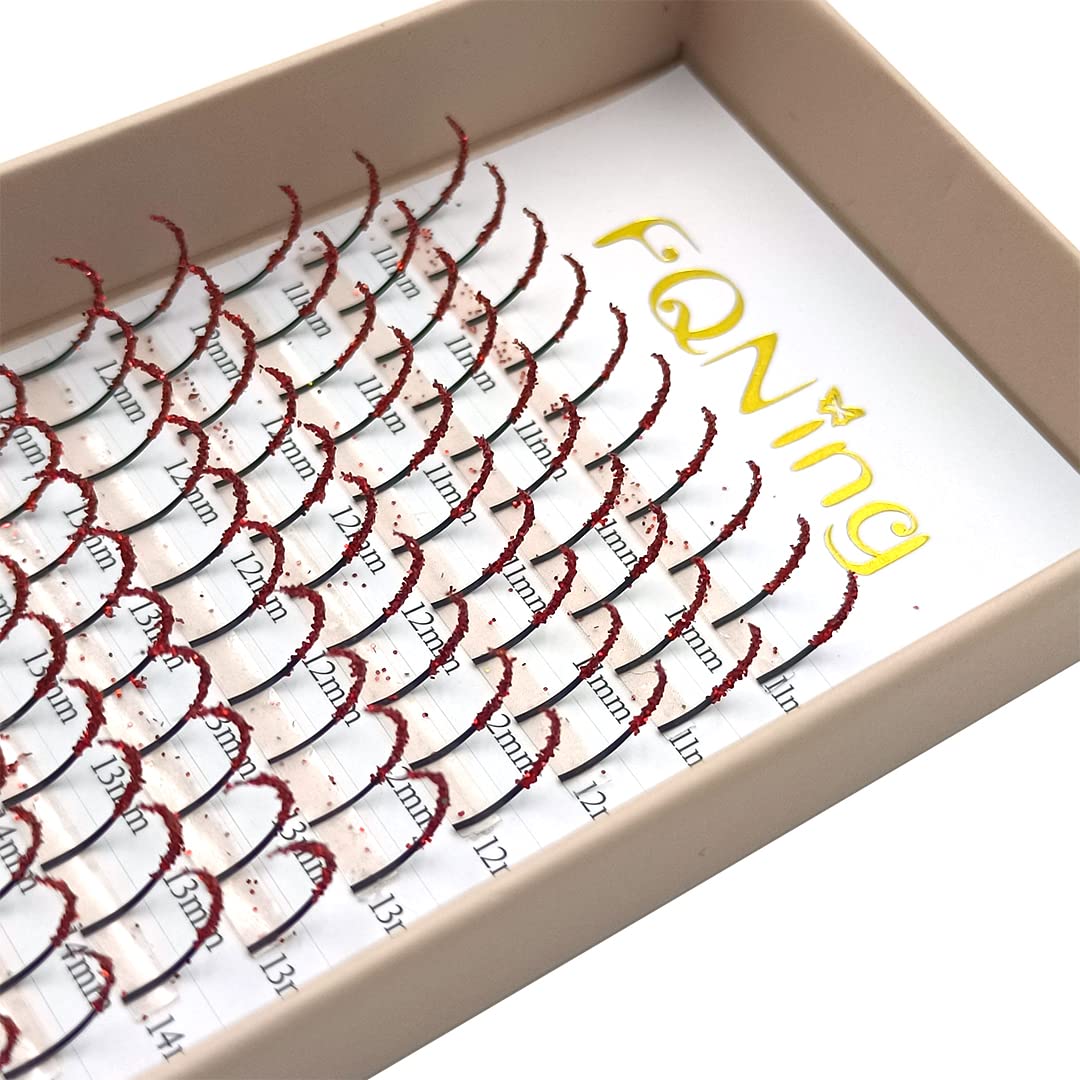 FQNing Glitter Lash Extensions Red – 11-16mm D Curl 0.20mm, 120pcs Box