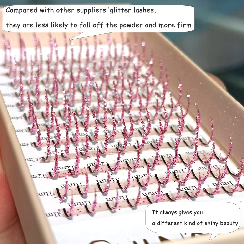 FQNing Glitter Lash Extensions Pink Sparkle Spike – 11-16mm, 0.20D, 120pcs