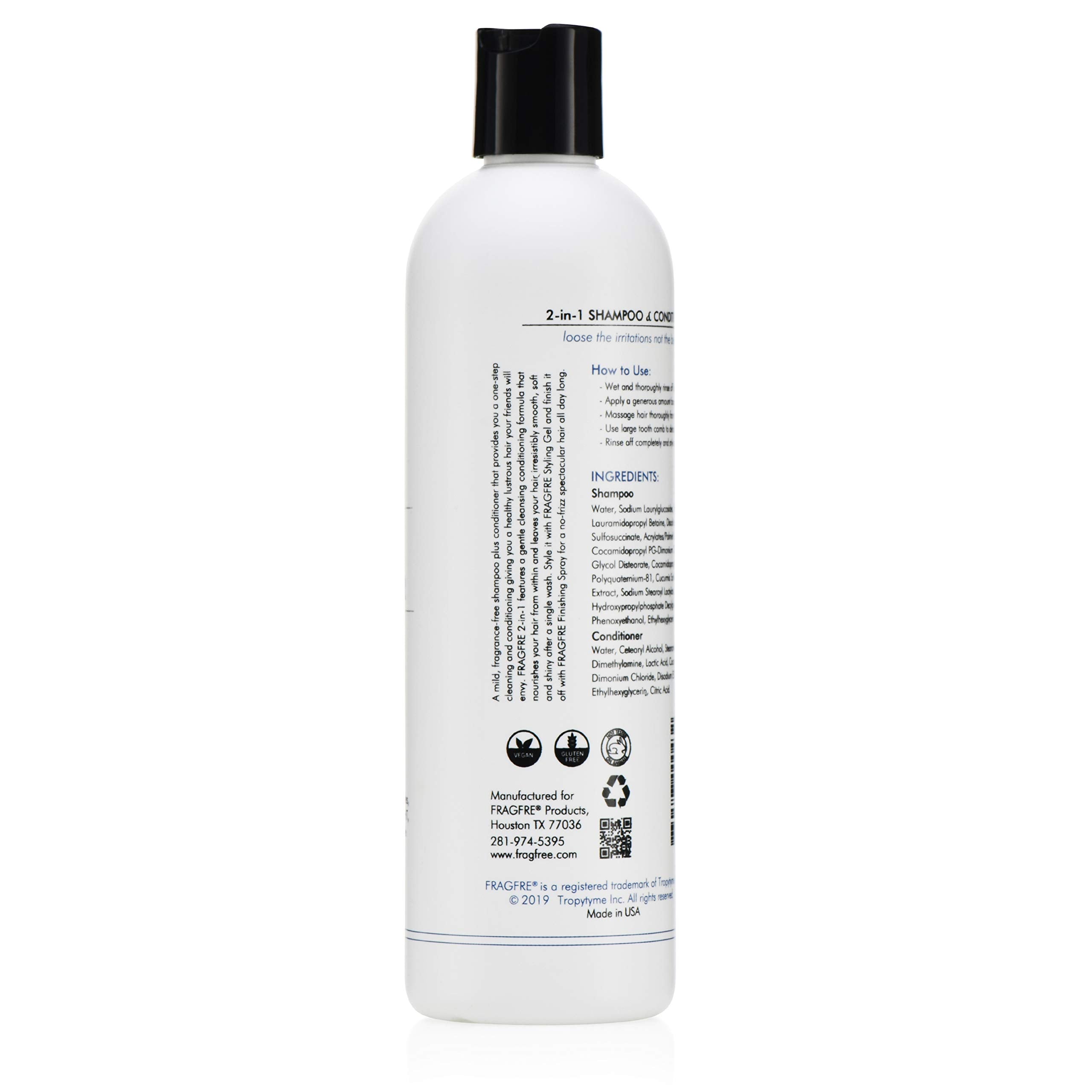 FRAGFRE 2 in 1 Shampoo and Conditioner 12 oz – Fragrance-Free, Sulfate-Free, Color-Safe for Short to Medium Hair