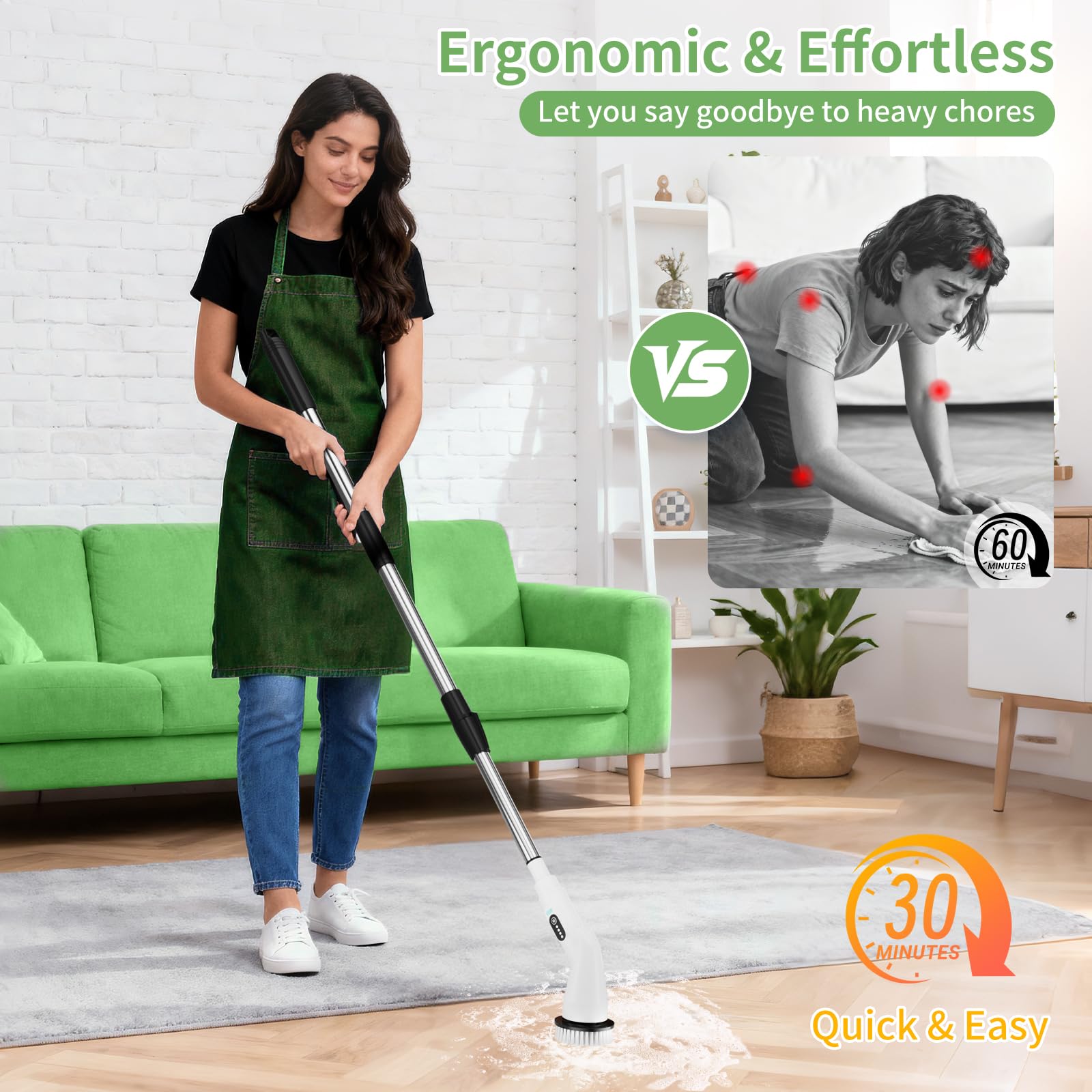 Francy Home Electric Spin Scrubber – 8 Heads, 51.2in Extendable Pole, 90 Min Runtime, Type B