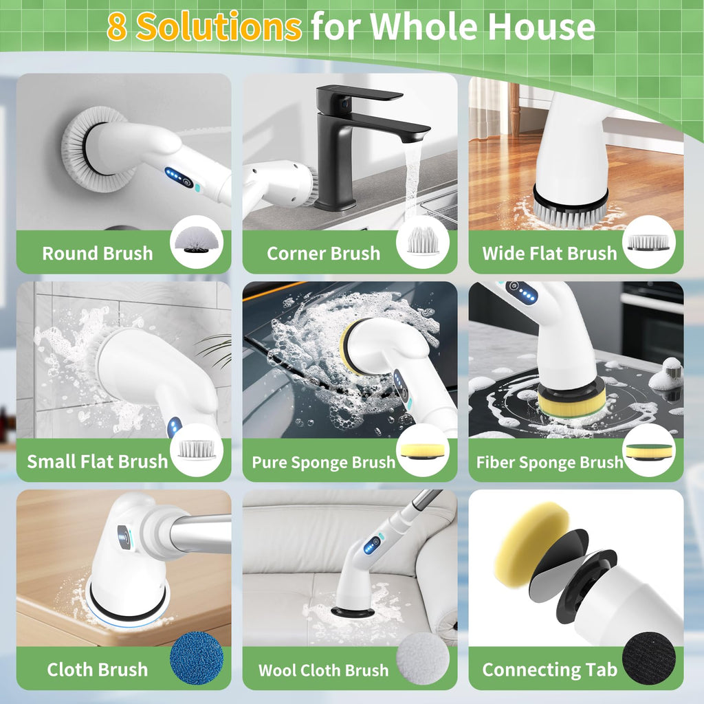 Francy Home Electric Spin Scrubber – 8 Heads, 51.2in Extendable Pole, 90 Min Runtime, Type B