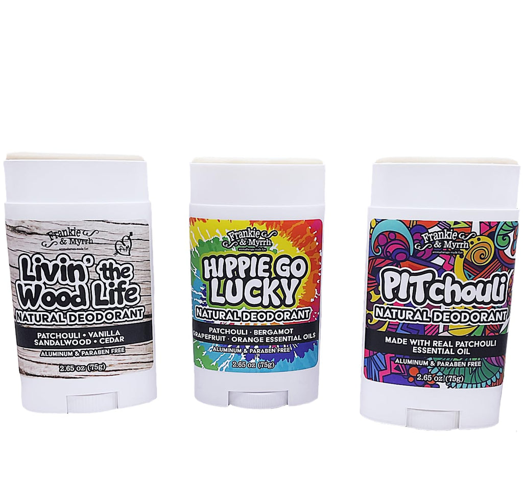 Frankie & Myrrh Patchouli Trio — Natural Deodorant Set (Hippie Go Lucky, Pitchouli, Livin' the Wood Life) | Aluminum-Free