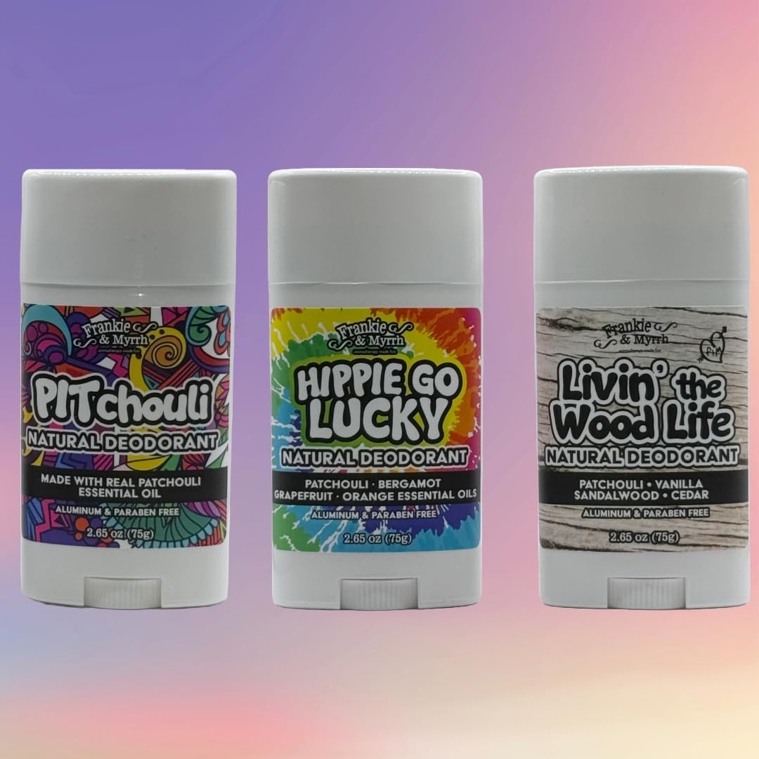 Frankie & Myrrh Patchouli Trio — Natural Deodorant Set (Hippie Go Lucky, Pitchouli, Livin' the Wood Life) | Aluminum-Free