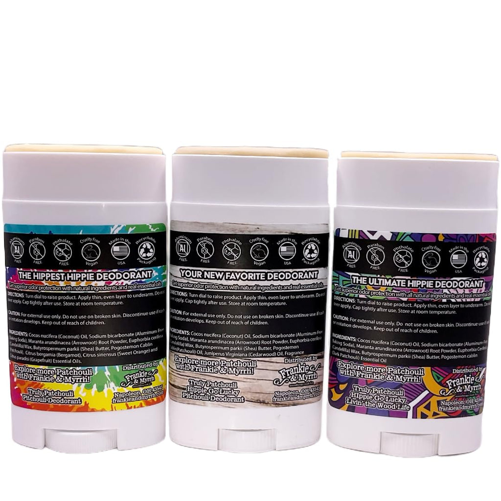 Frankie & Myrrh Patchouli Trio — Natural Deodorant Set (Hippie Go Lucky, Pitchouli, Livin' the Wood Life) | Aluminum-Free