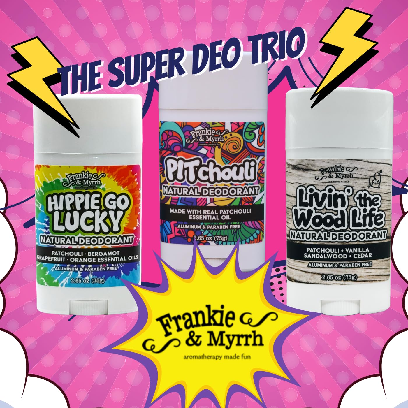 Frankie & Myrrh Patchouli Trio — Natural Deodorant Set (Hippie Go Lucky, Pitchouli, Livin' the Wood Life) | Aluminum-Free