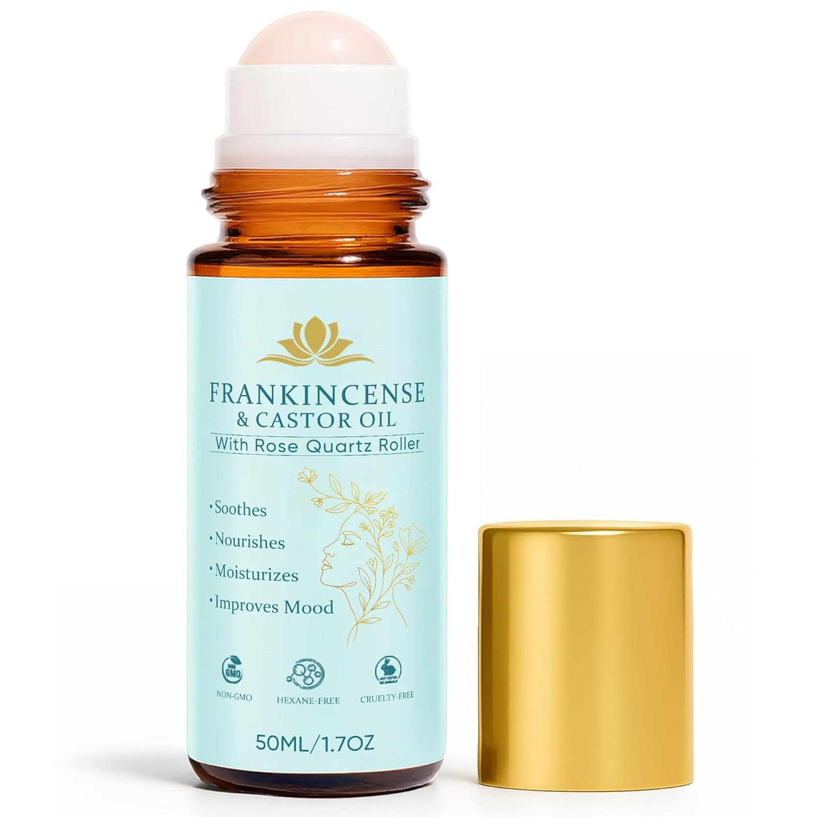 Frankincense & Castor Oil Roll-On with Rose Quartz — Silky Skin for Face, Neck, and Body (50 ml)