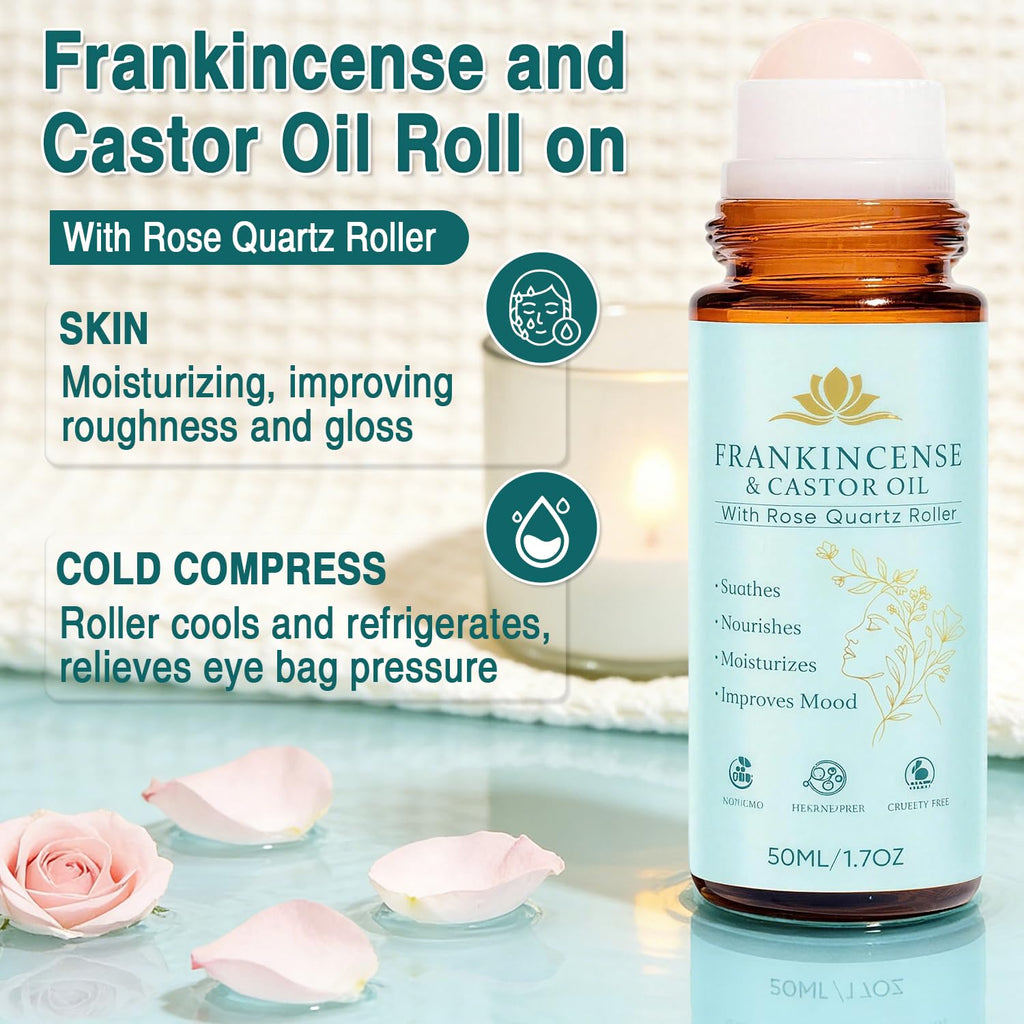 Frankincense & Castor Oil Roll-On with Rose Quartz — Silky Skin for Face, Neck, and Body (50 ml)