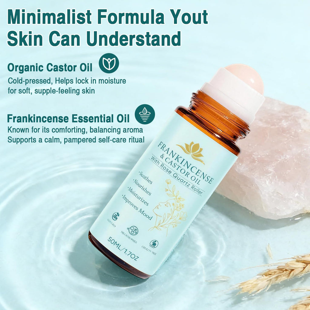 Frankincense & Castor Oil Roll-On with Rose Quartz — Silky Skin for Face, Neck, and Body (50 ml)