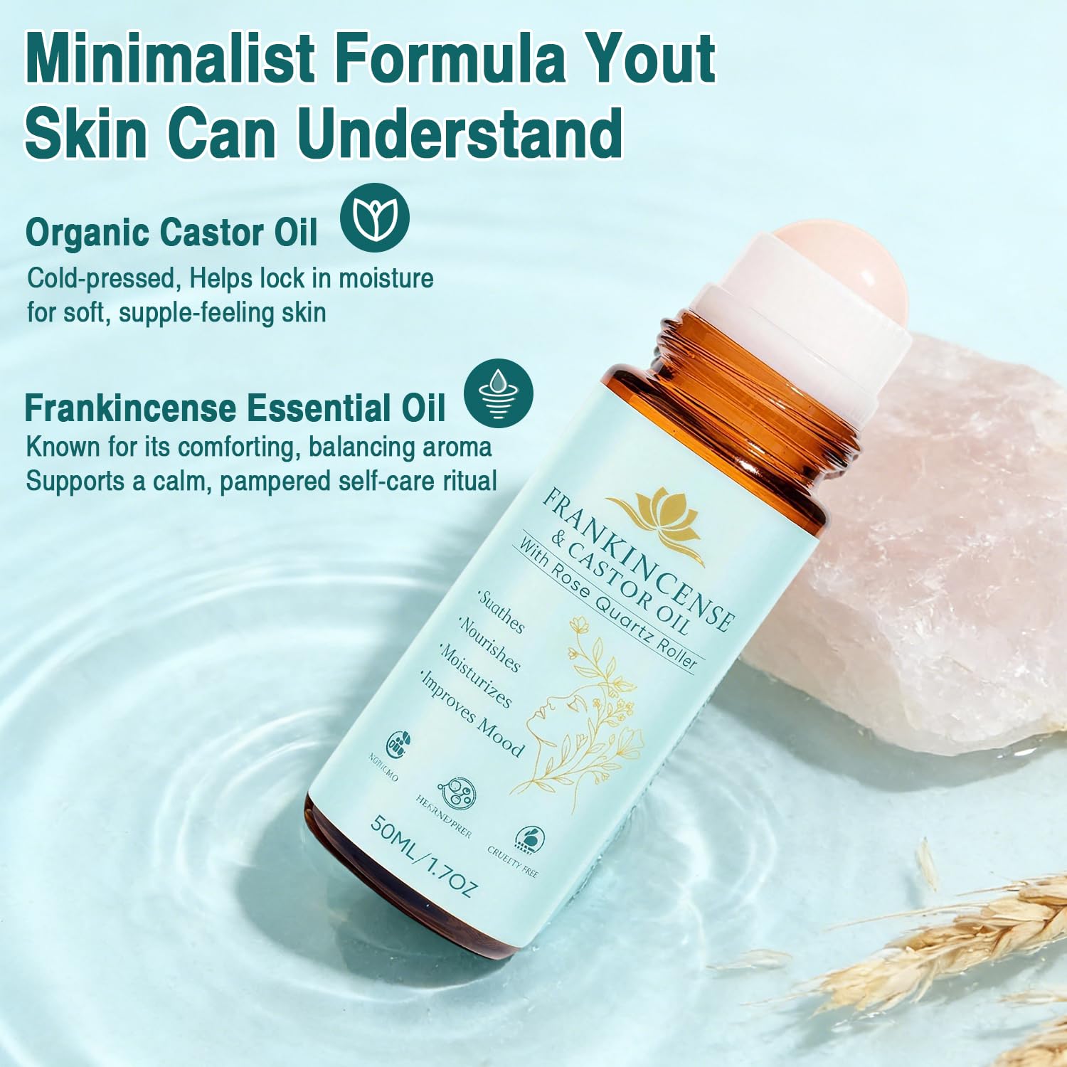 Frankincense & Castor Oil Roll-On with Rose Quartz — Silky Skin for Face, Neck, and Body (50 ml)