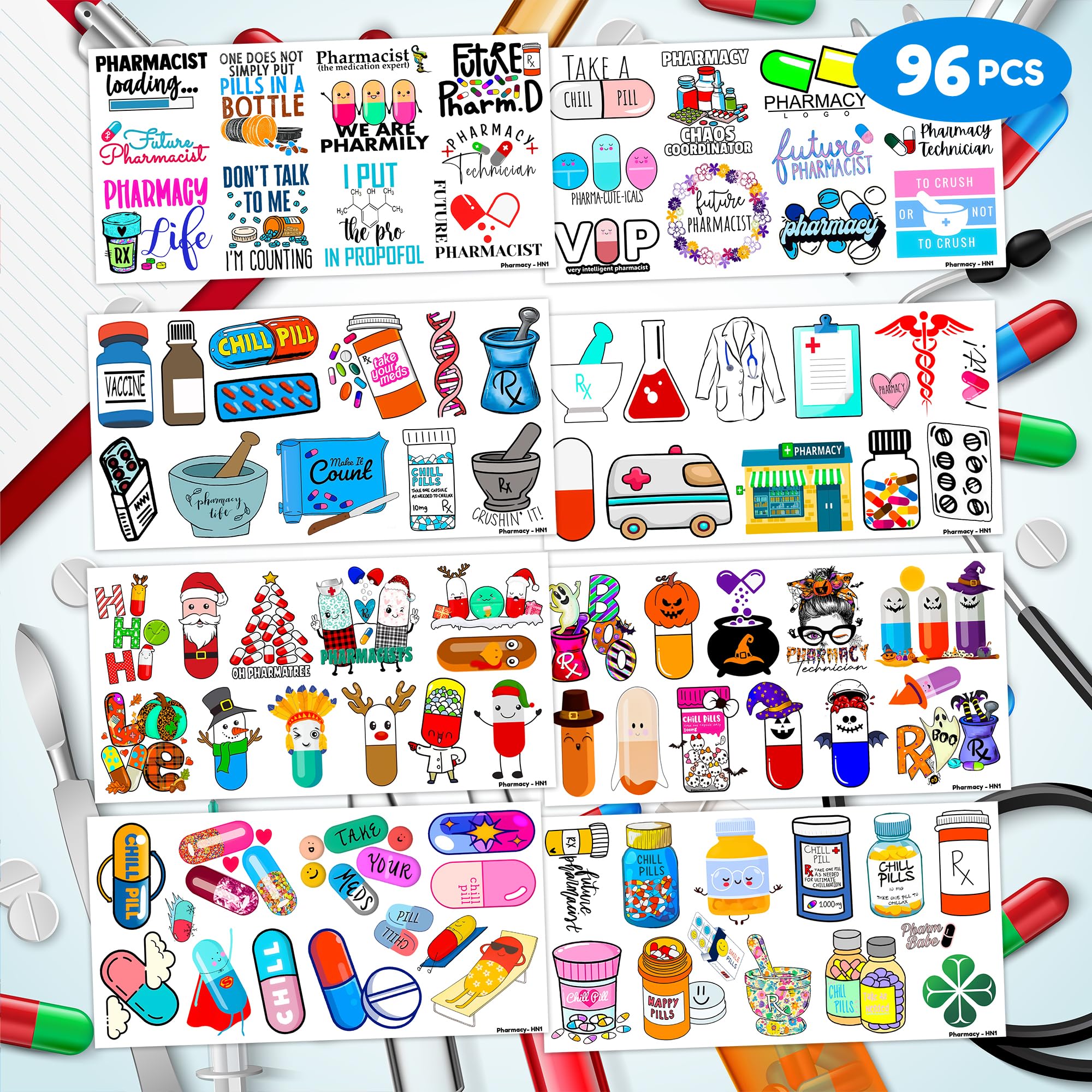 Frawharmone 96PCS Funny Future Pharmacy Temporary Tattoos – Party Decor & Gifts