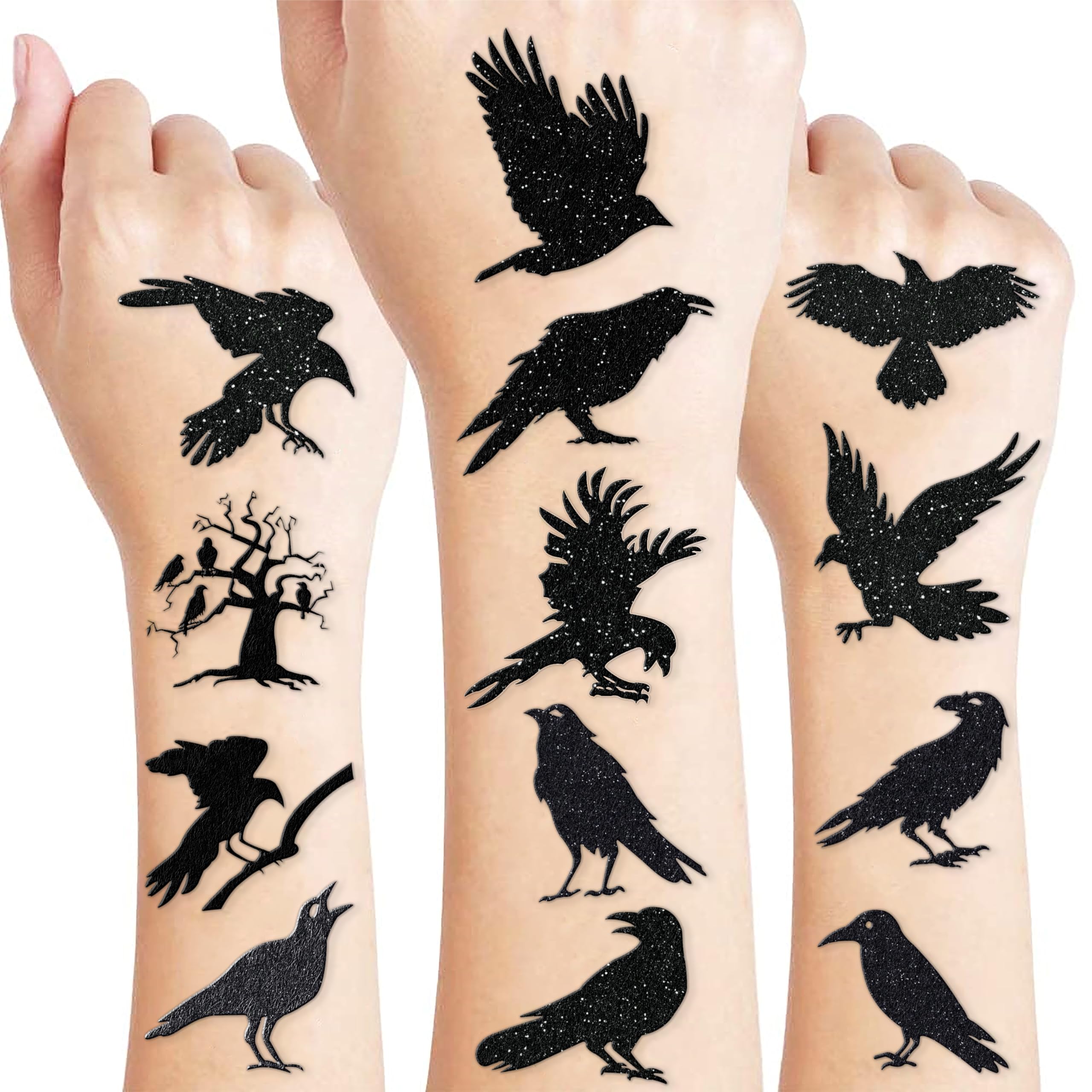 Frawharmone 100PCS Crow Bird Temporary Tattoos – Halloween Raven Gothic Stickers for Kids