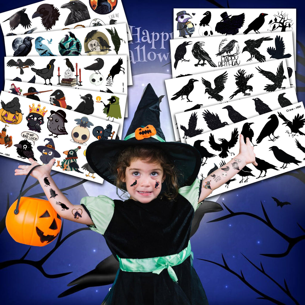 Frawharmone 100PCS Crow Bird Temporary Tattoos – Halloween Raven Gothic Stickers for Kids