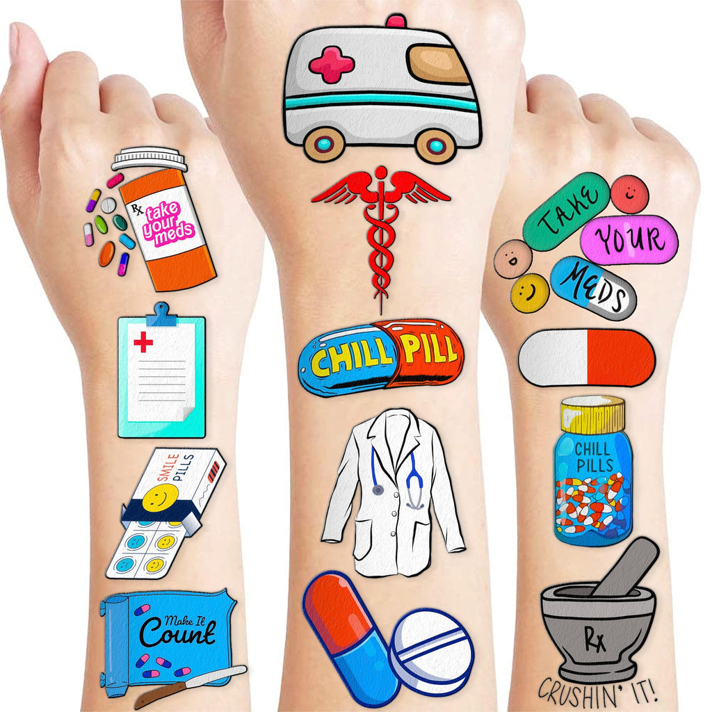 Frawharmone 96PCS Funny Future Pharmacy Temporary Tattoos – Party Decor & Gifts