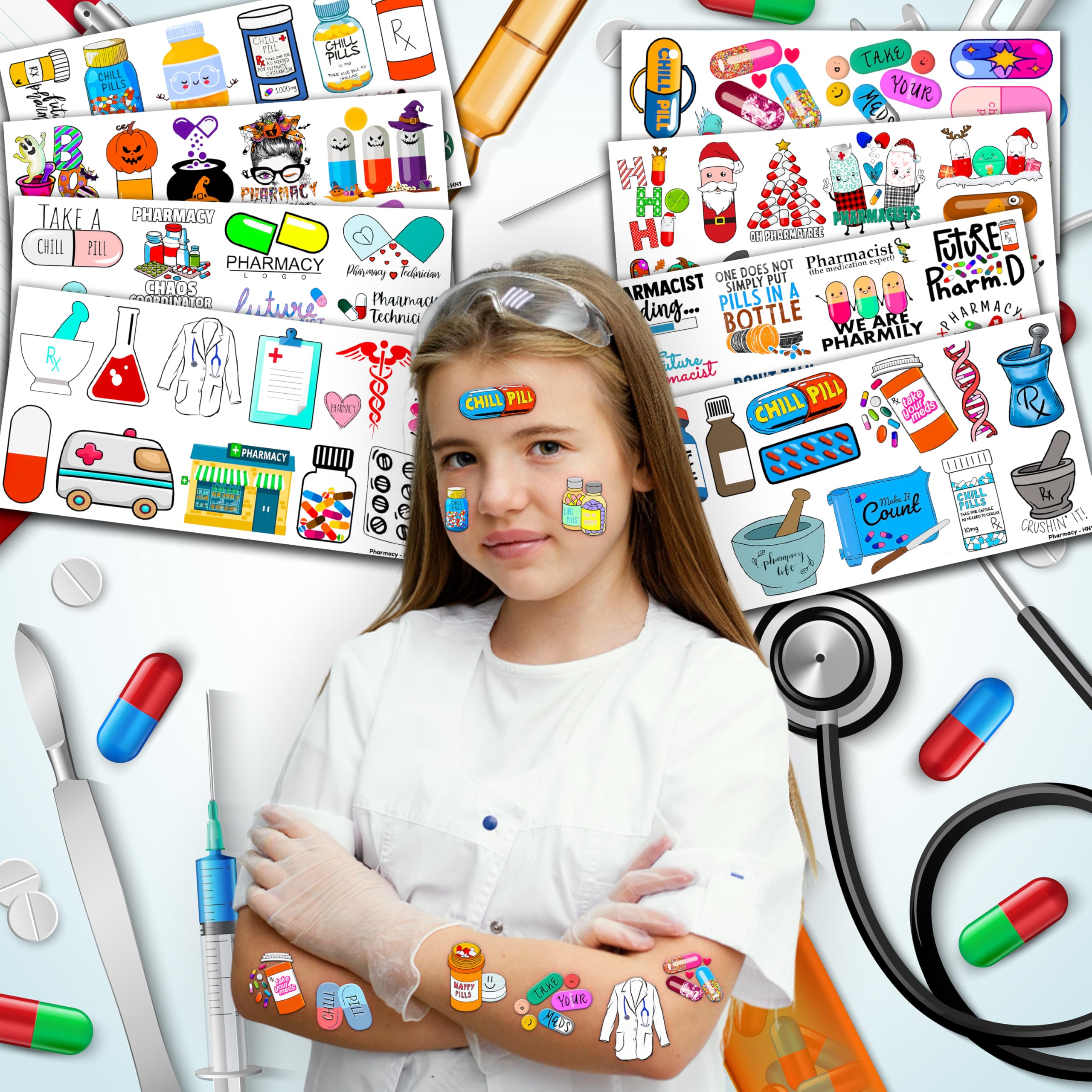 Frawharmone 96PCS Funny Future Pharmacy Temporary Tattoos – Party Decor & Gifts