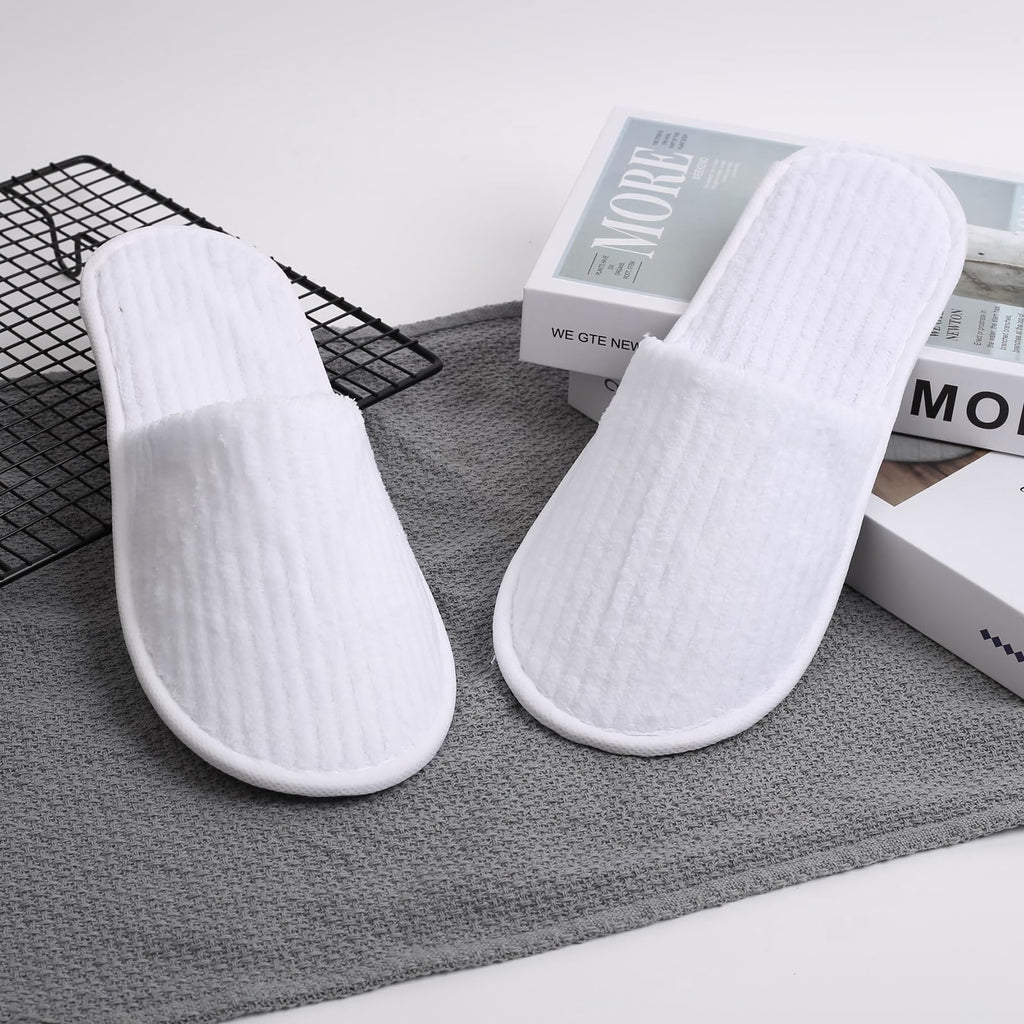 Frcctre 20 Pairs White Disposable Slippers – Closed Toe Coral Fleece Spa Slippers for Travel, Hotels & Home