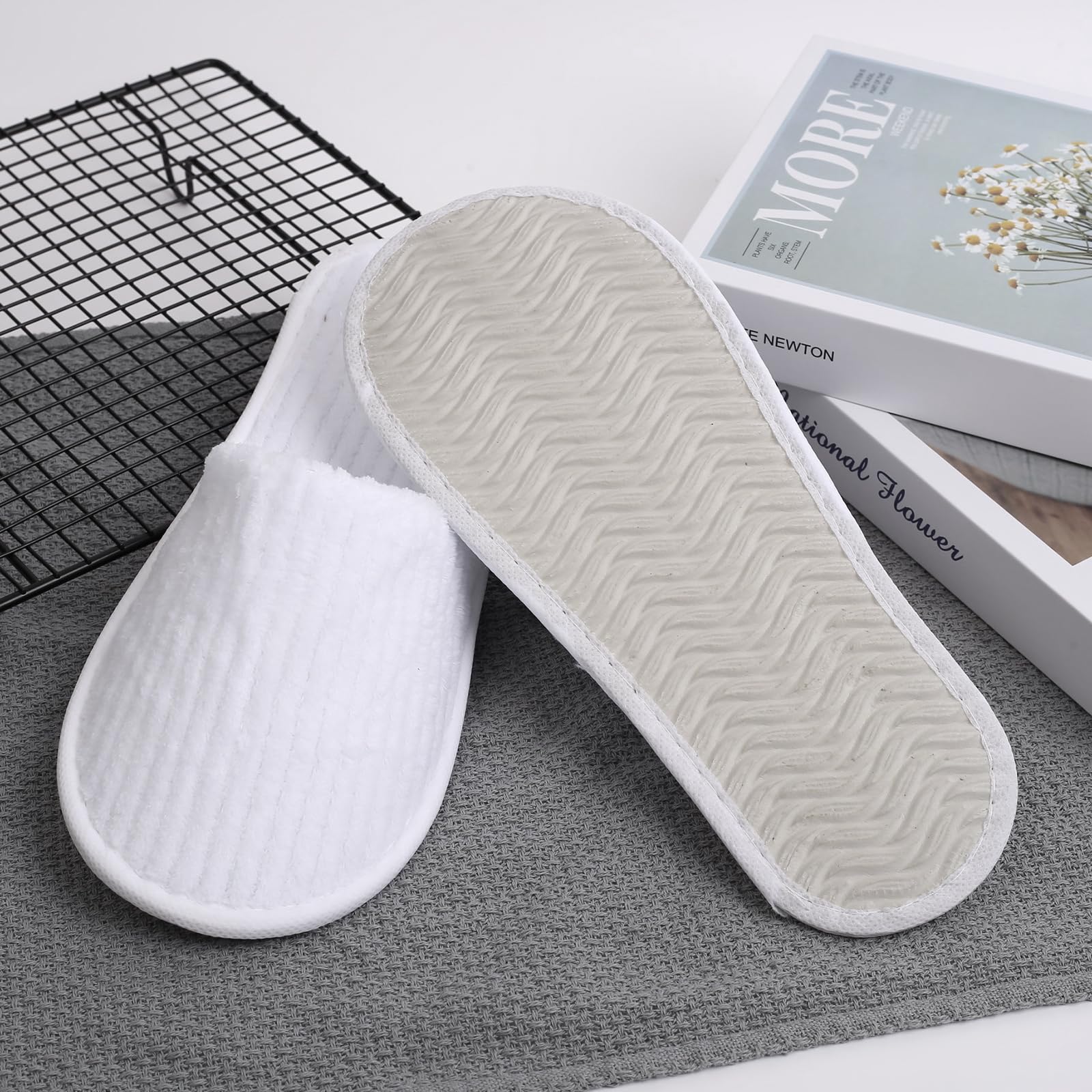 Frcctre 20 Pairs White Disposable Slippers – Closed Toe Coral Fleece Spa Slippers for Travel, Hotels & Home