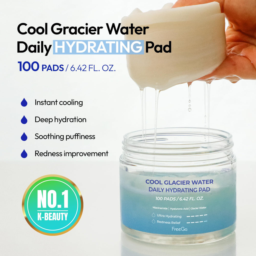 FreeGo Cool Glacier Water Daily Hydrating Pad (100 Pads) | Instant Cooling K-Beauty Toner Pads for Puffy Skin