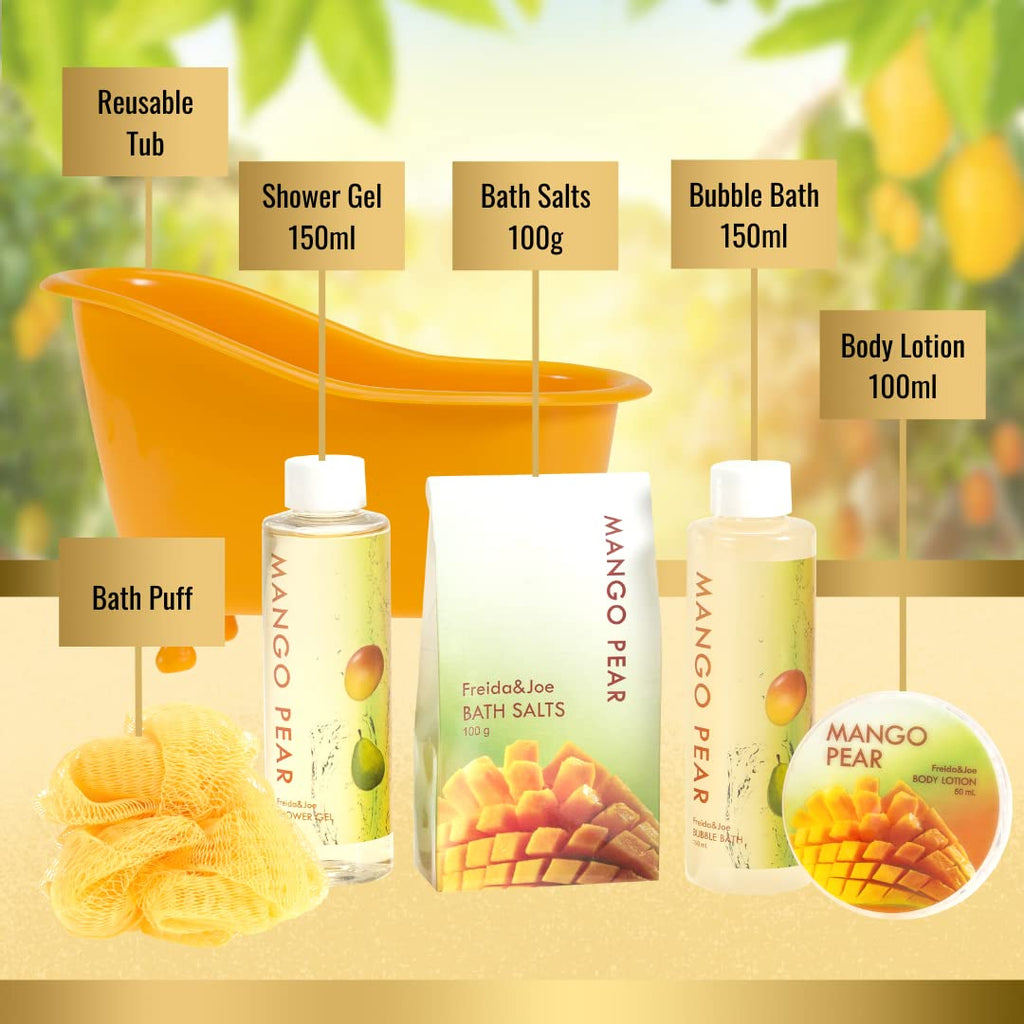 Freida and Joe Tropical Mango Pear Spa Set – Bath & Body Gift in Orange Tub