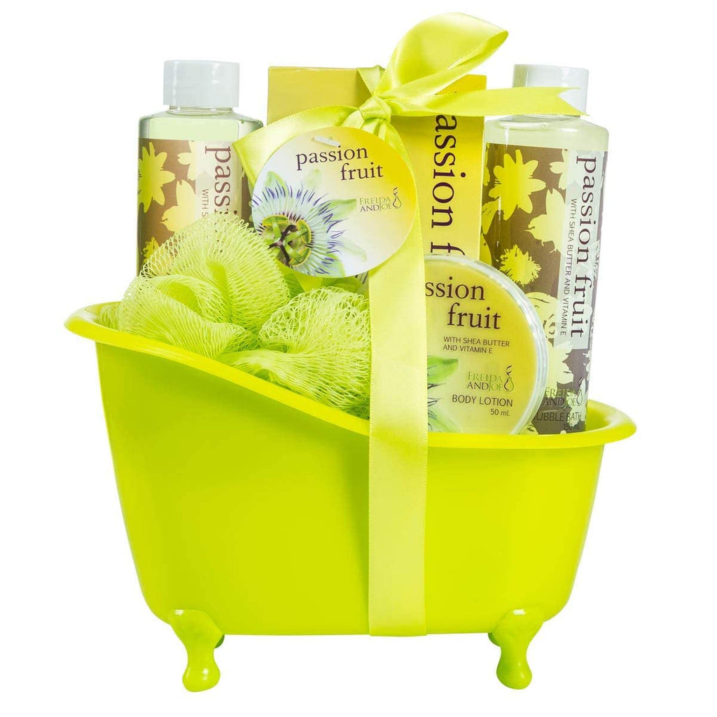 Freida and Joe Home Spa Bath Basket – Passion Fruit Bath & Body Set in Green Tub